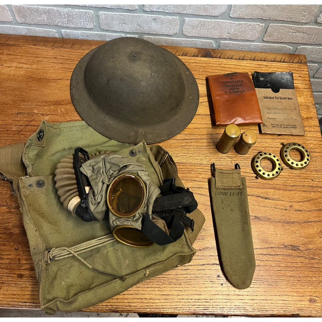 Original WWI Doughboy Helmet M1917 Gas Mask Kit United States World War One Lot Militaria Armed Forces