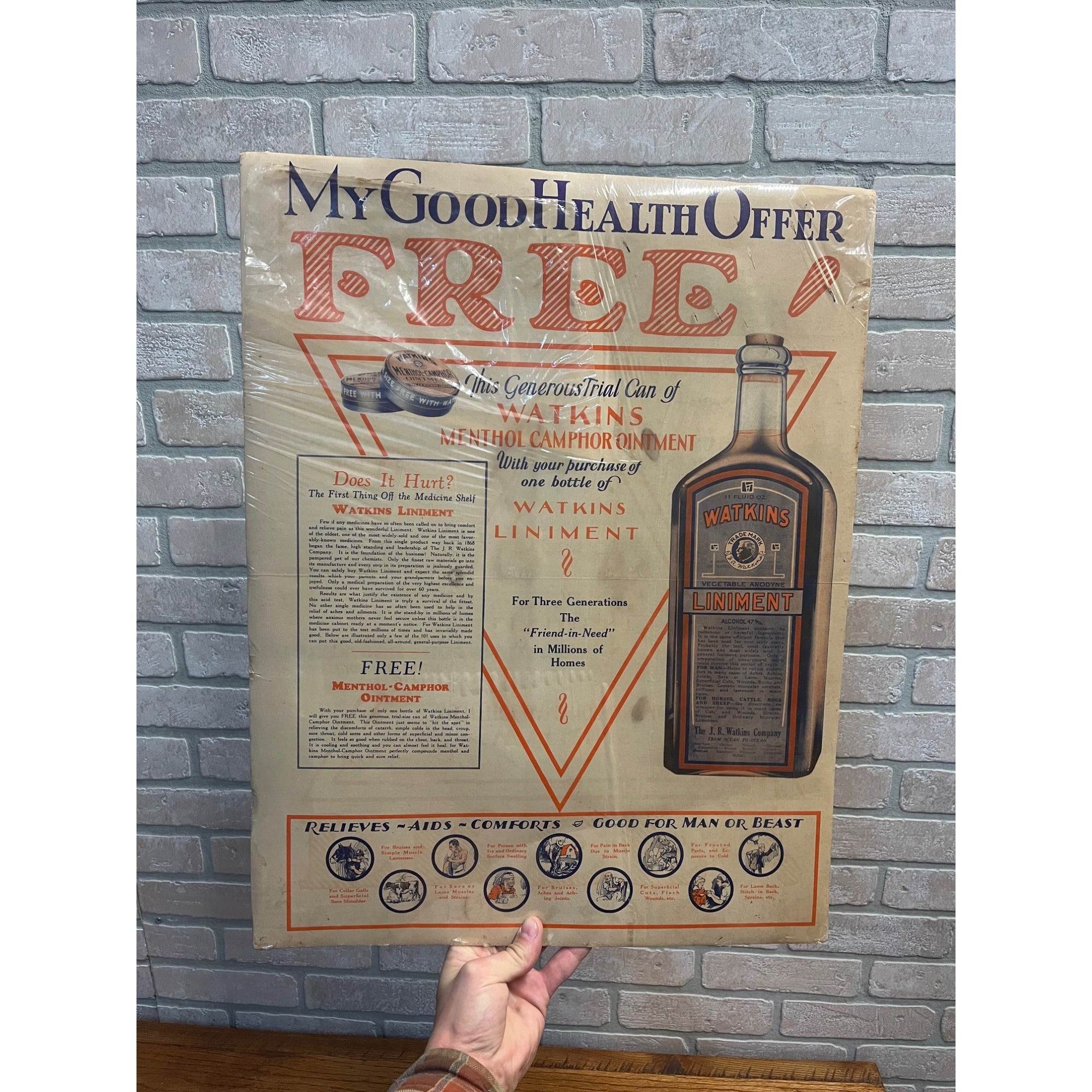 Vintage 1920s Watkins Liniment Drug Store Advertising Sign Paper Litho Poster