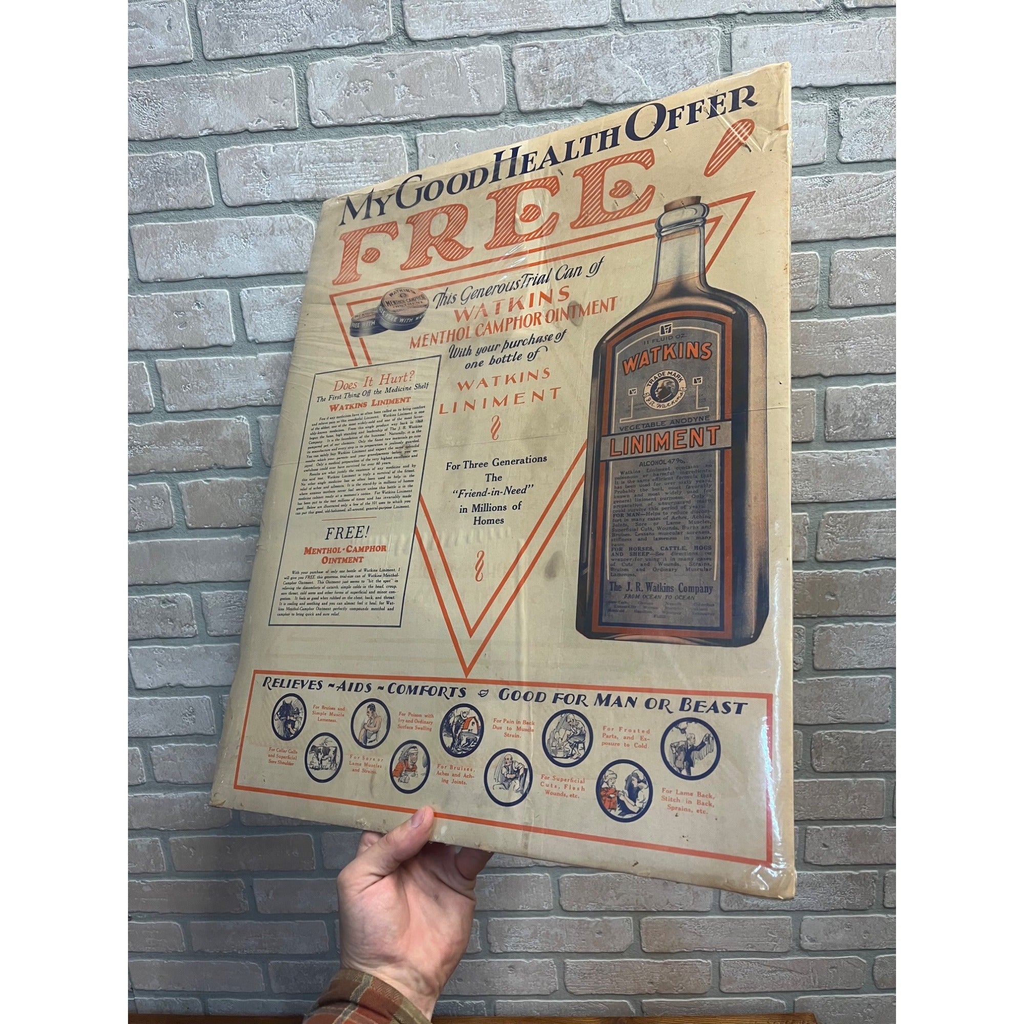 Vintage 1920s Watkins Liniment Drug Store Advertising Sign Paper Litho Poster