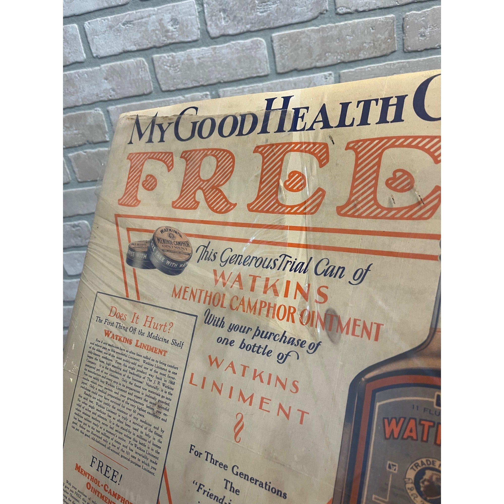 Vintage 1920s Watkins Liniment Drug Store Advertising Sign Paper Litho Poster