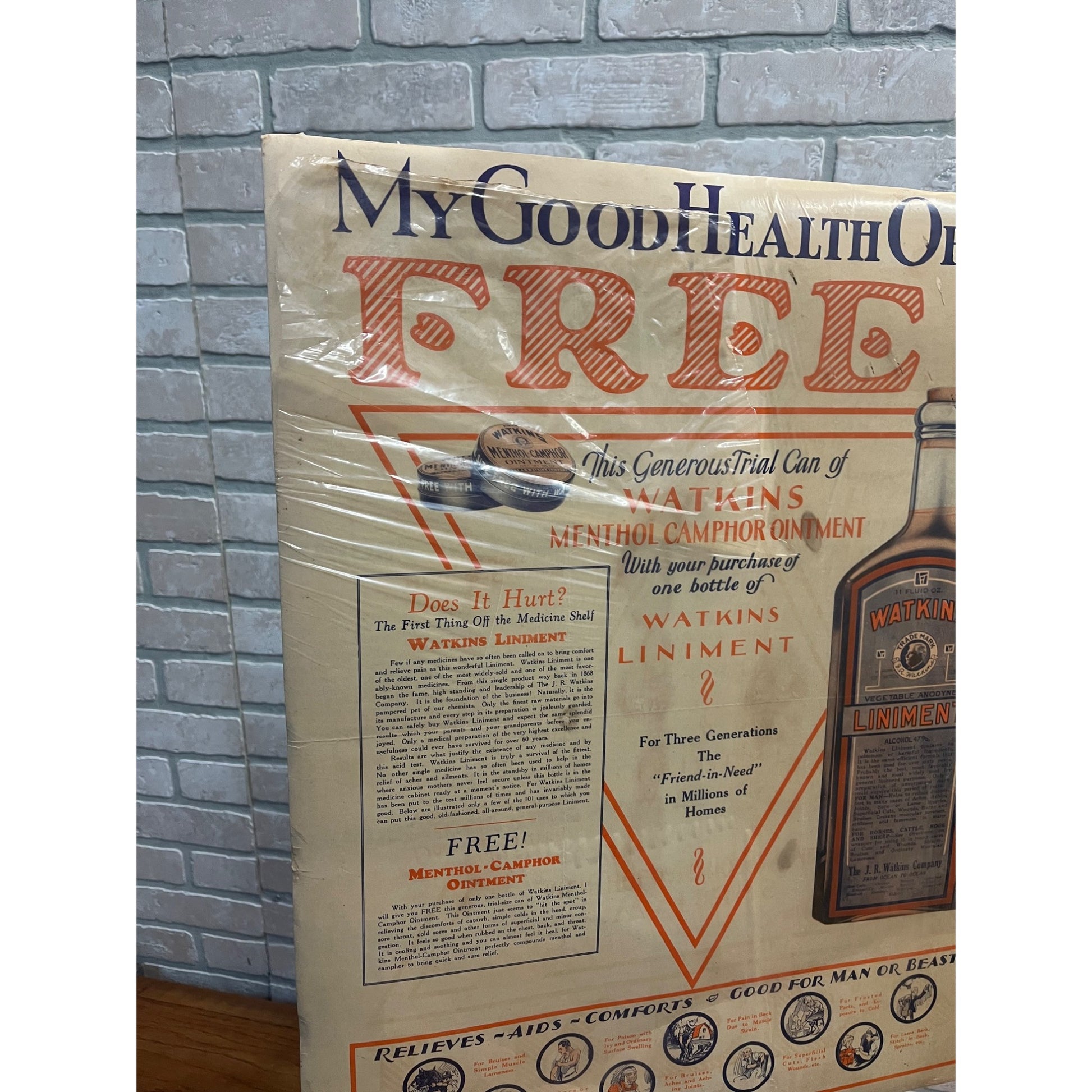 Vintage 1920s Watkins Liniment Drug Store Advertising Sign Paper Litho Poster