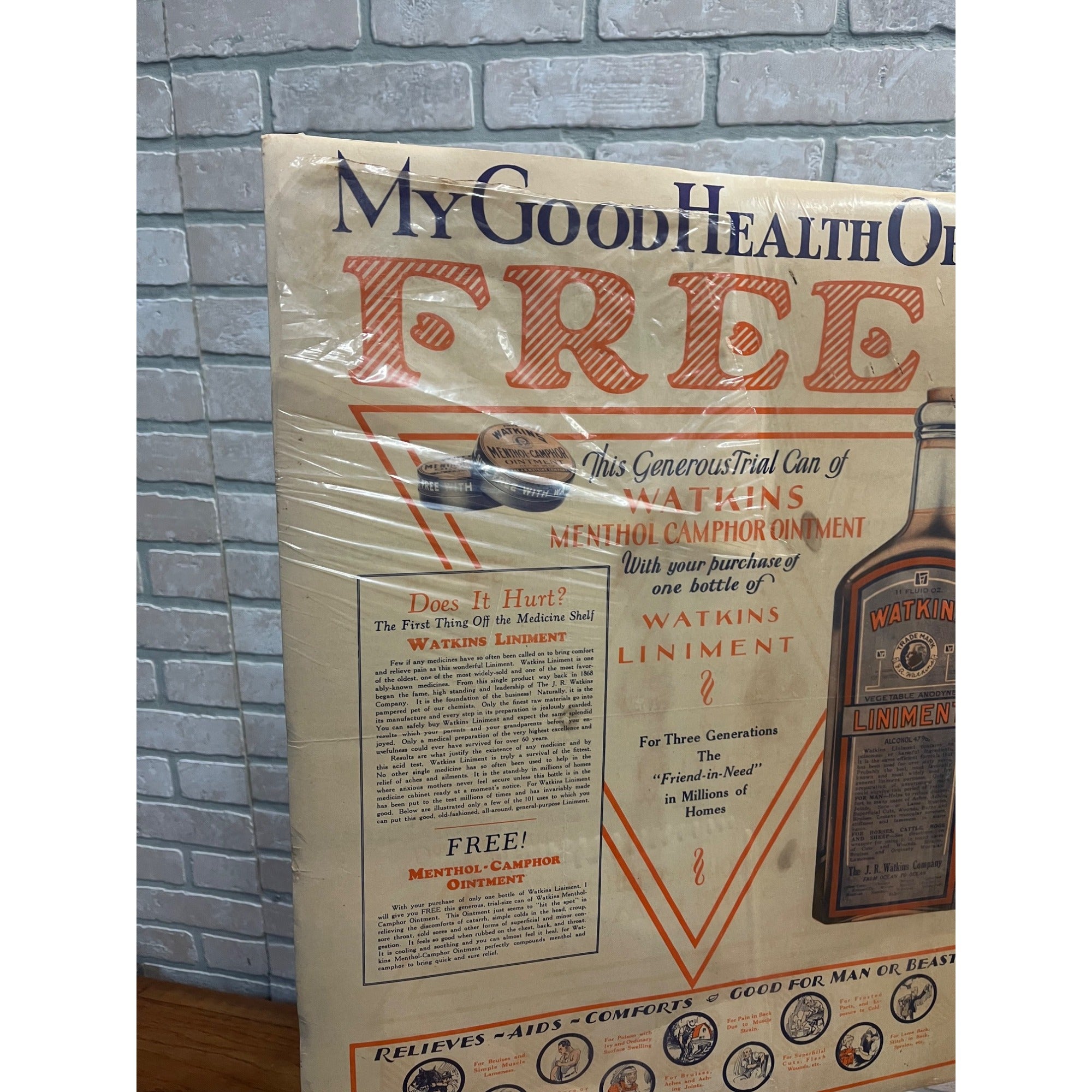 Vintage 1920s Watkins Liniment Drug Store Advertising Sign Paper Litho Poster