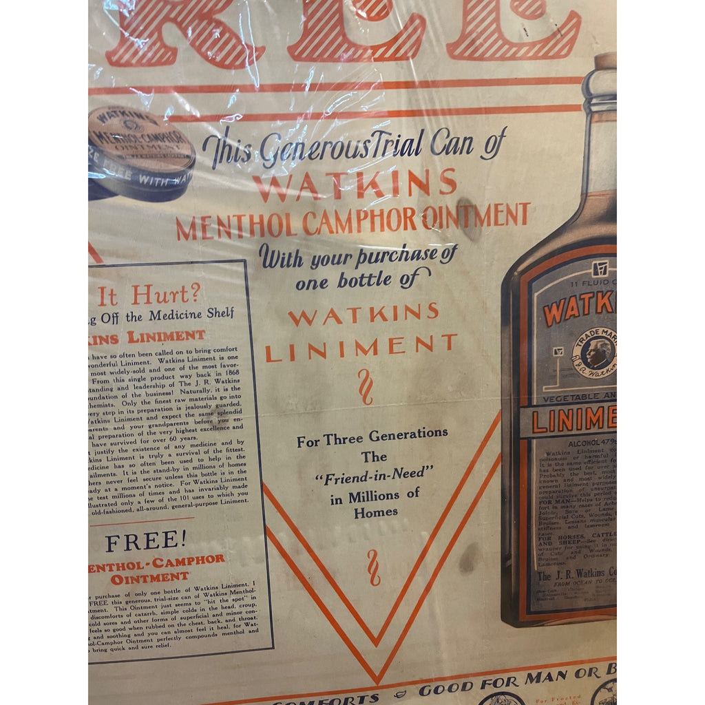 Vintage 1920s Watkins Liniment Drug Store Advertising Sign Paper Litho Poster