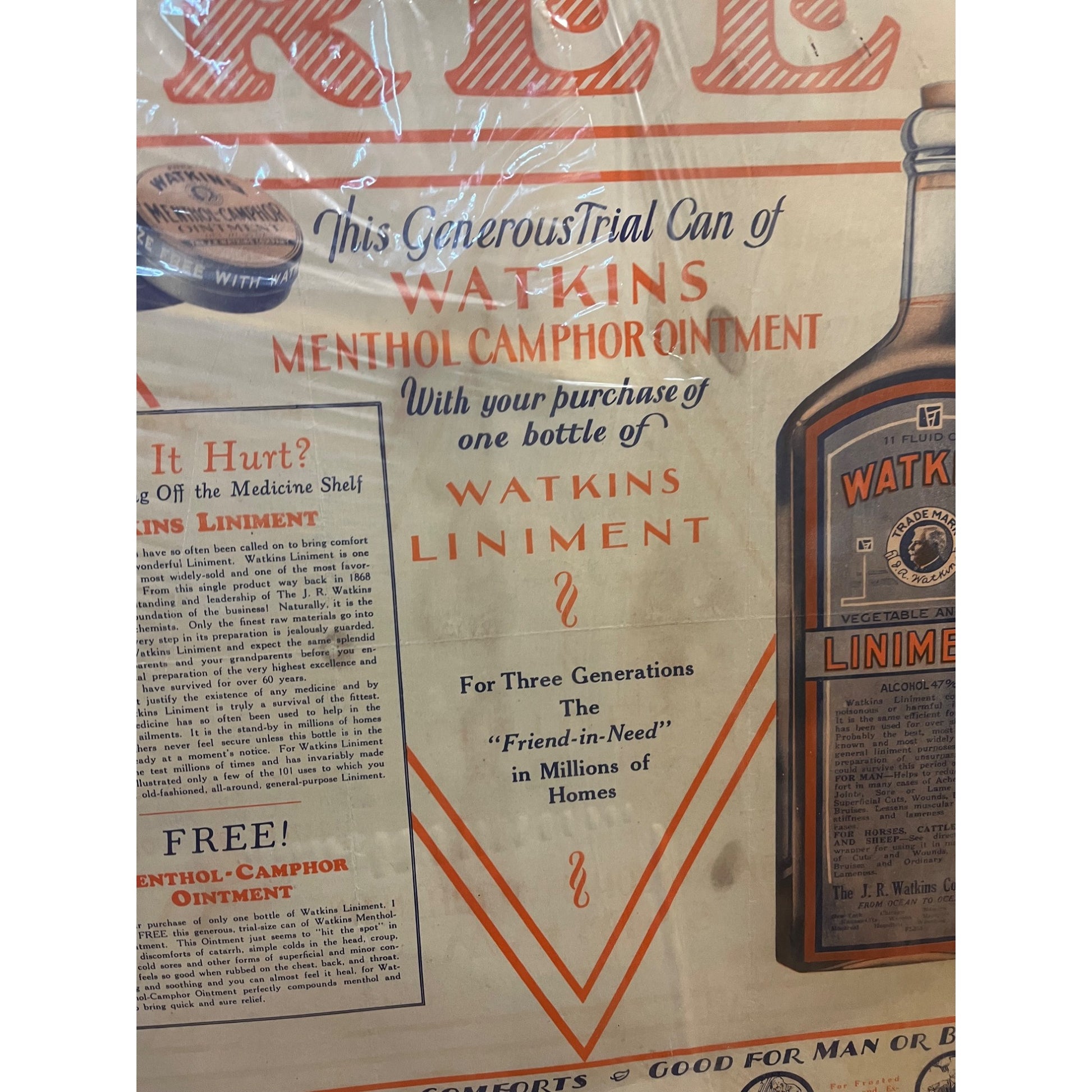 Vintage 1920s Watkins Liniment Drug Store Advertising Sign Paper Litho Poster