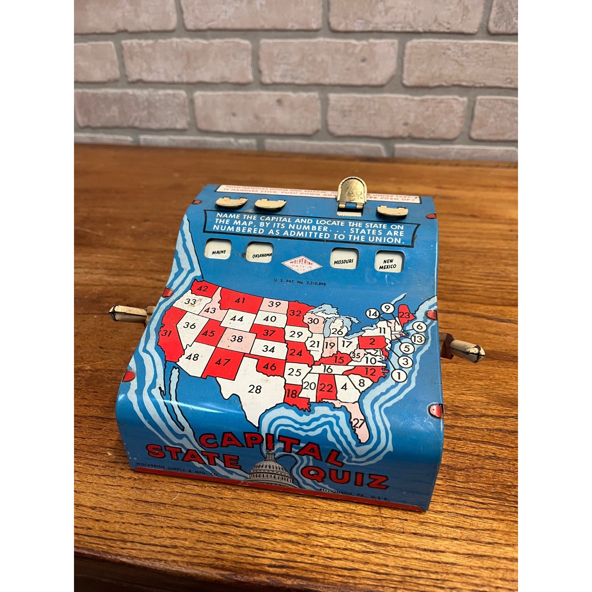 Vintage Tin Litho Toy Wolverine State Capital Quiz Trivia Game Push 48 States