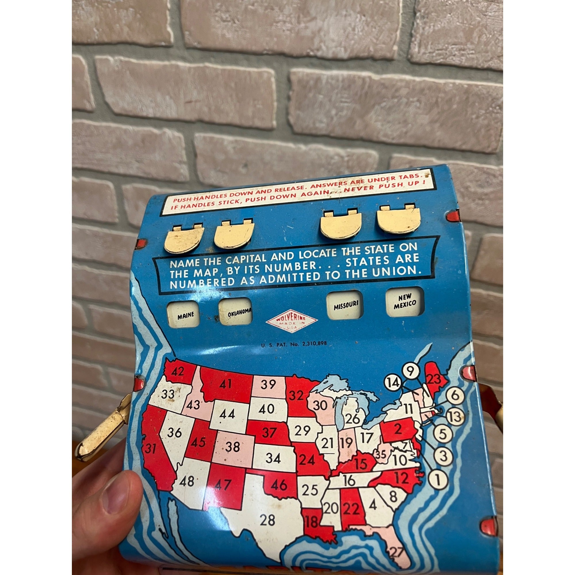 Vintage Tin Litho Toy Wolverine State Capital Quiz Trivia Game Push 48 States