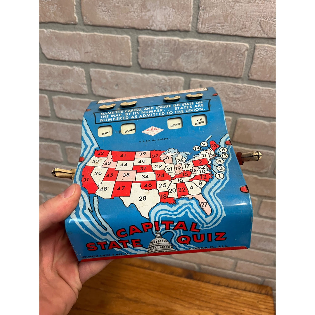 Vintage Tin Litho Toy Wolverine State Capital Quiz Trivia Game Push 48 States