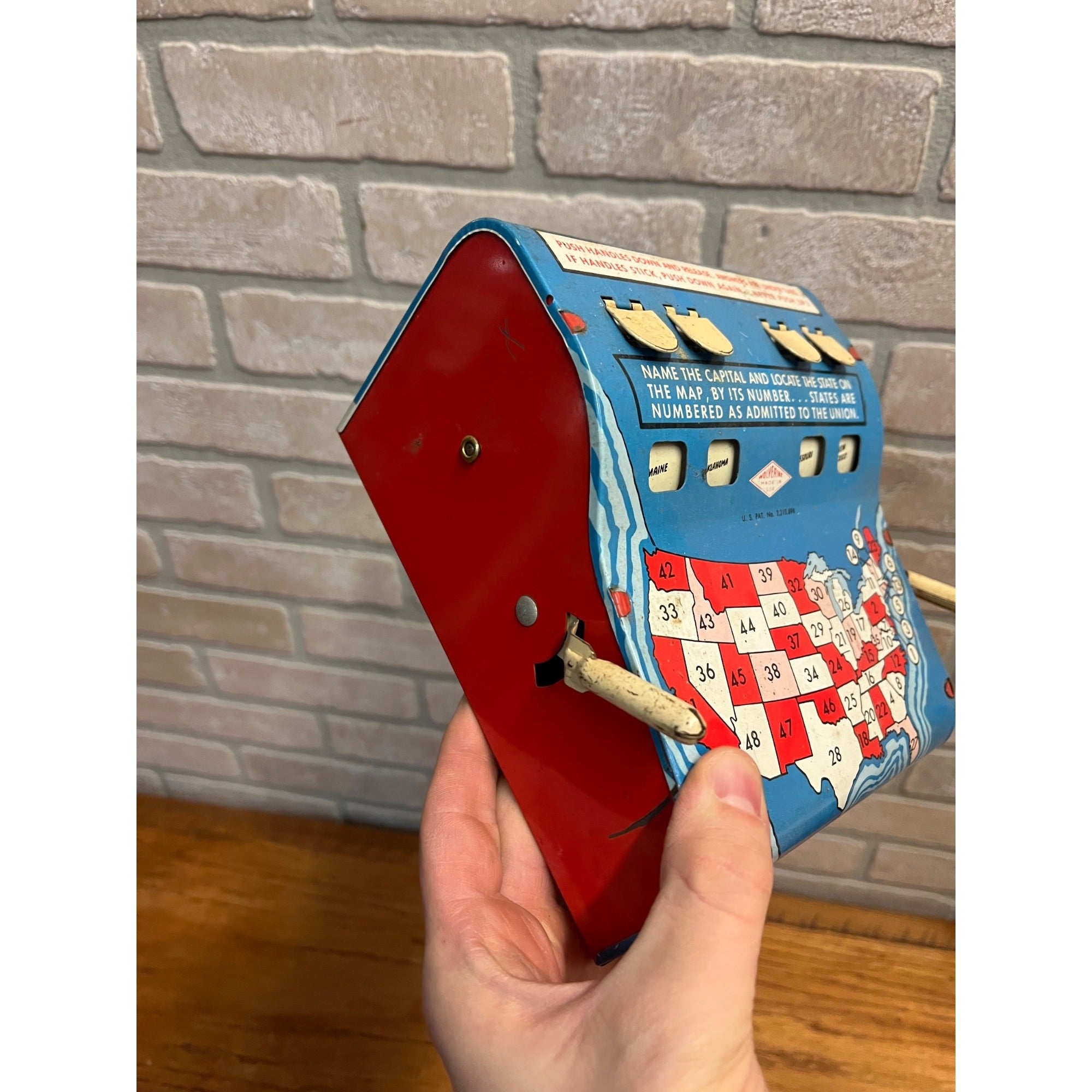 Vintage Tin Litho Toy Wolverine State Capital Quiz Trivia Game Push 48 States