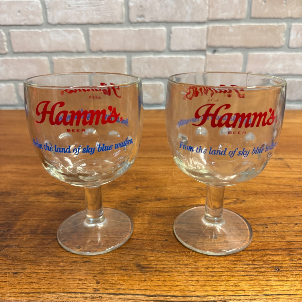 Vintage Pair Hamm’s Beer Goblet Thumbprint Heavy Stemmed Schooner Glass 6" Barware