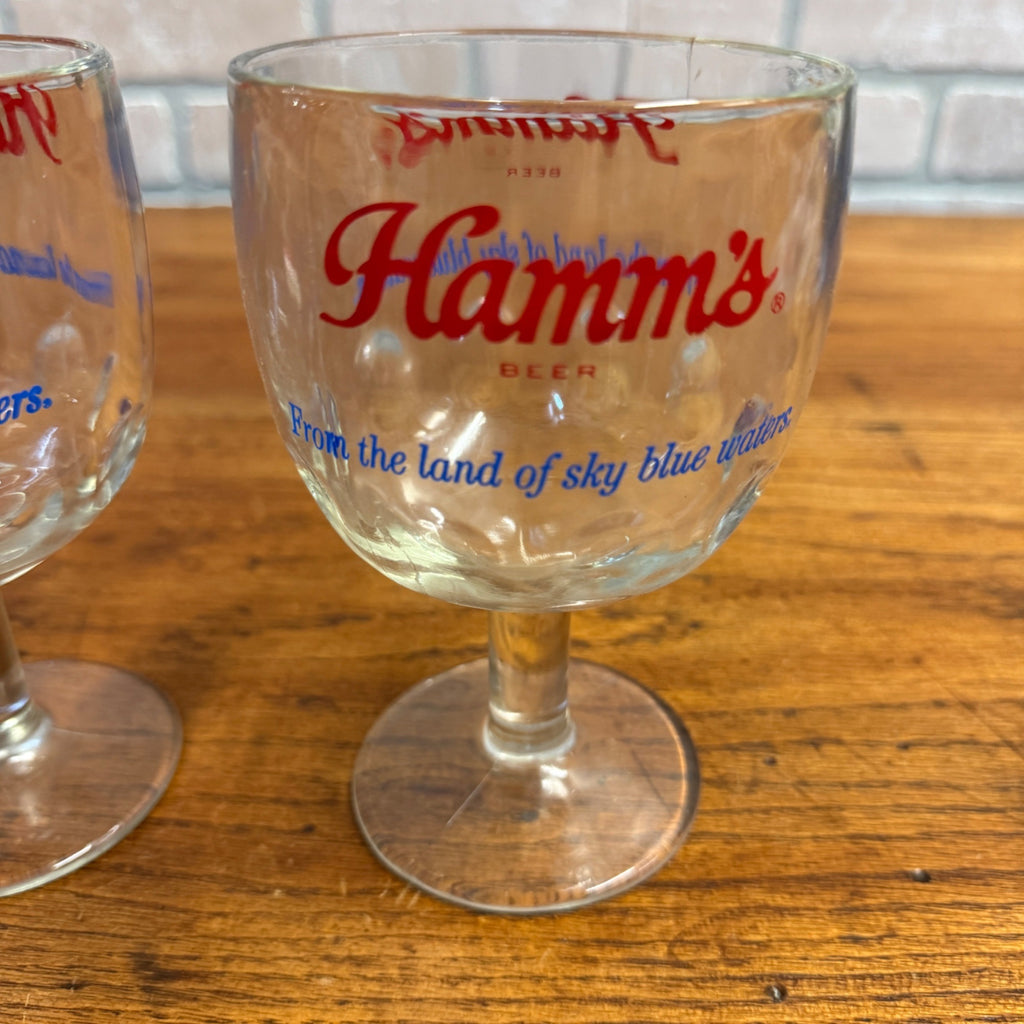 Vintage Pair Hamm’s Beer Goblet Thumbprint Heavy Stemmed Schooner Glass 6" Barware