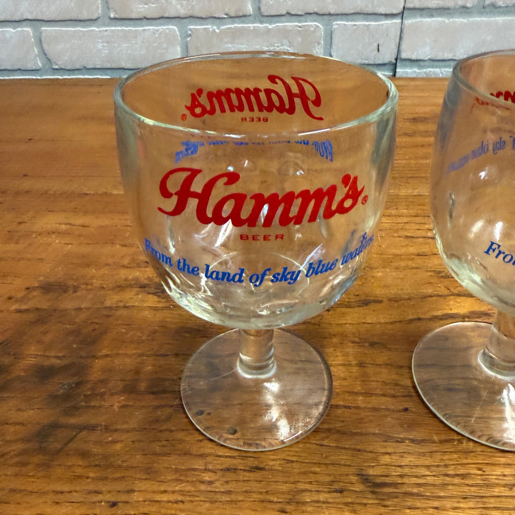 Vintage Pair Hamm’s Beer Goblet Thumbprint Heavy Stemmed Schooner Glass 6" Barware