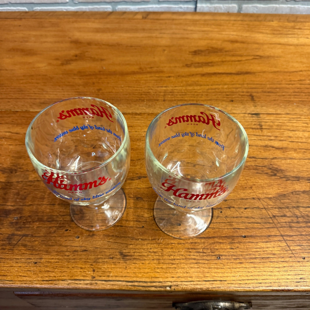 Vintage Pair Hamm’s Beer Goblet Thumbprint Heavy Stemmed Schooner Glass 6" Barware