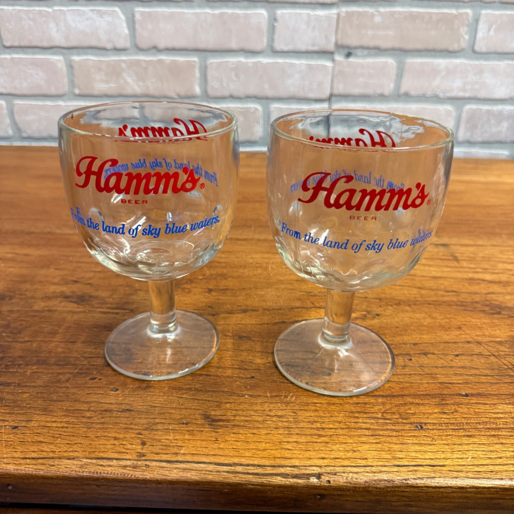 Vintage Pair Hamm’s Beer Goblet Thumbprint Heavy Stemmed Schooner Glass 6" Barware