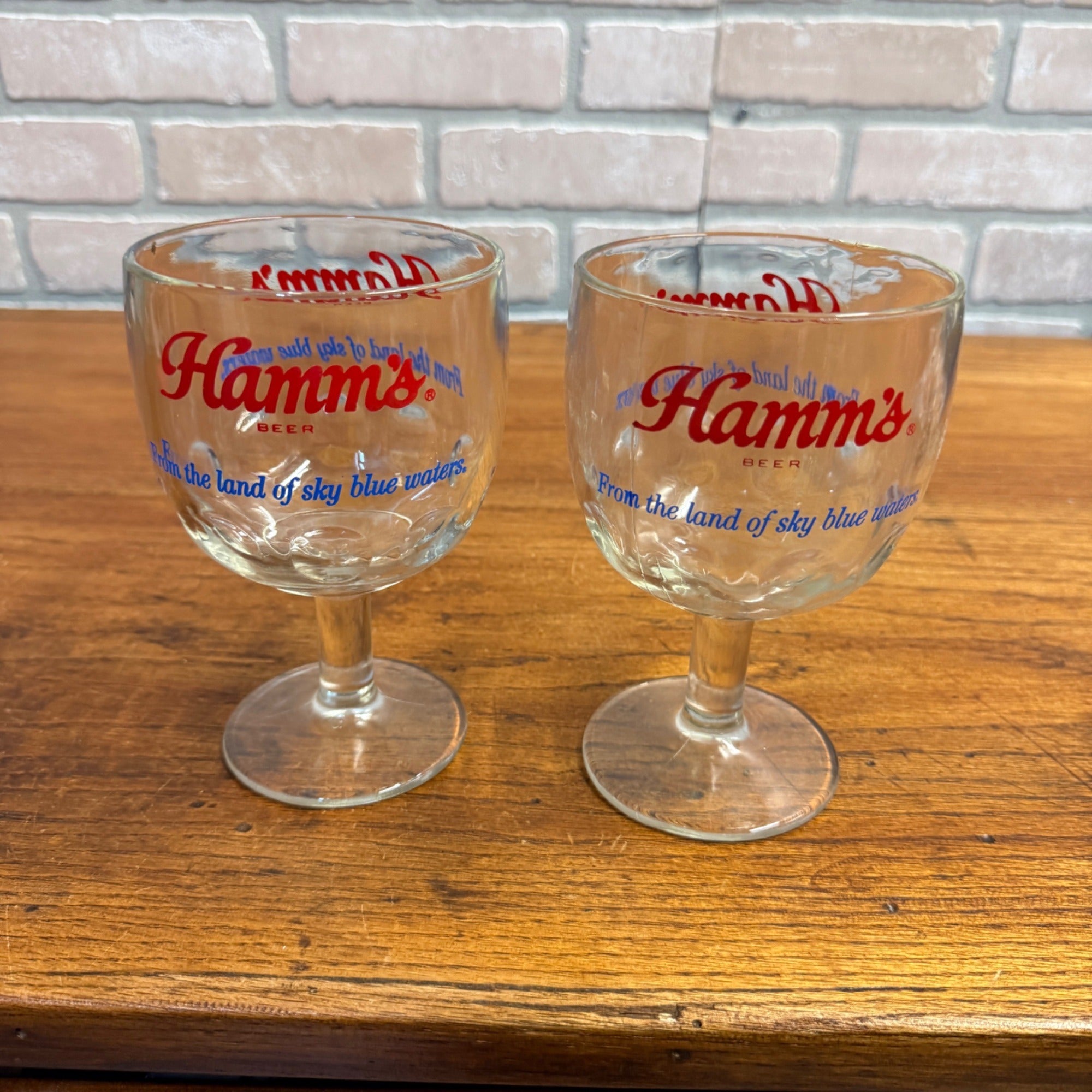 Vintage Pair Hamm’s Beer Goblet Thumbprint Heavy Stemmed Schooner Glass 6" Barware