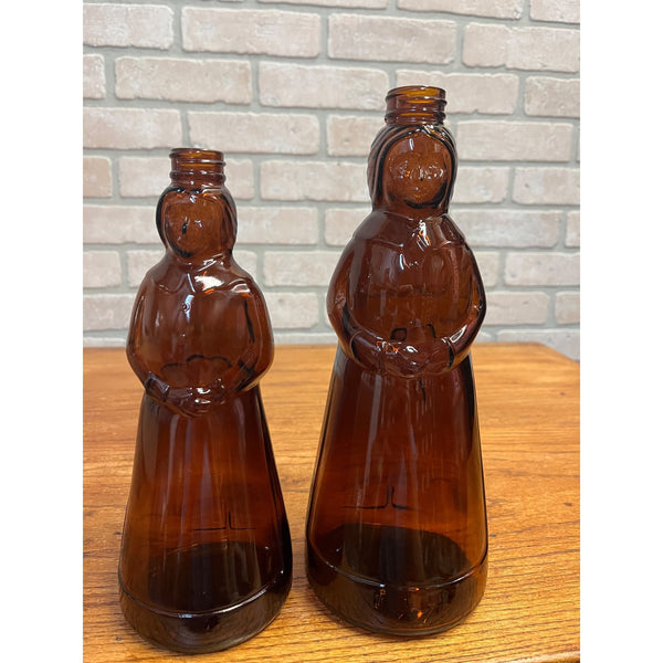 Vintage Mrs Buttersworth Maple Syrup Amber Glass Bottles Lot (2) 10" & 11"