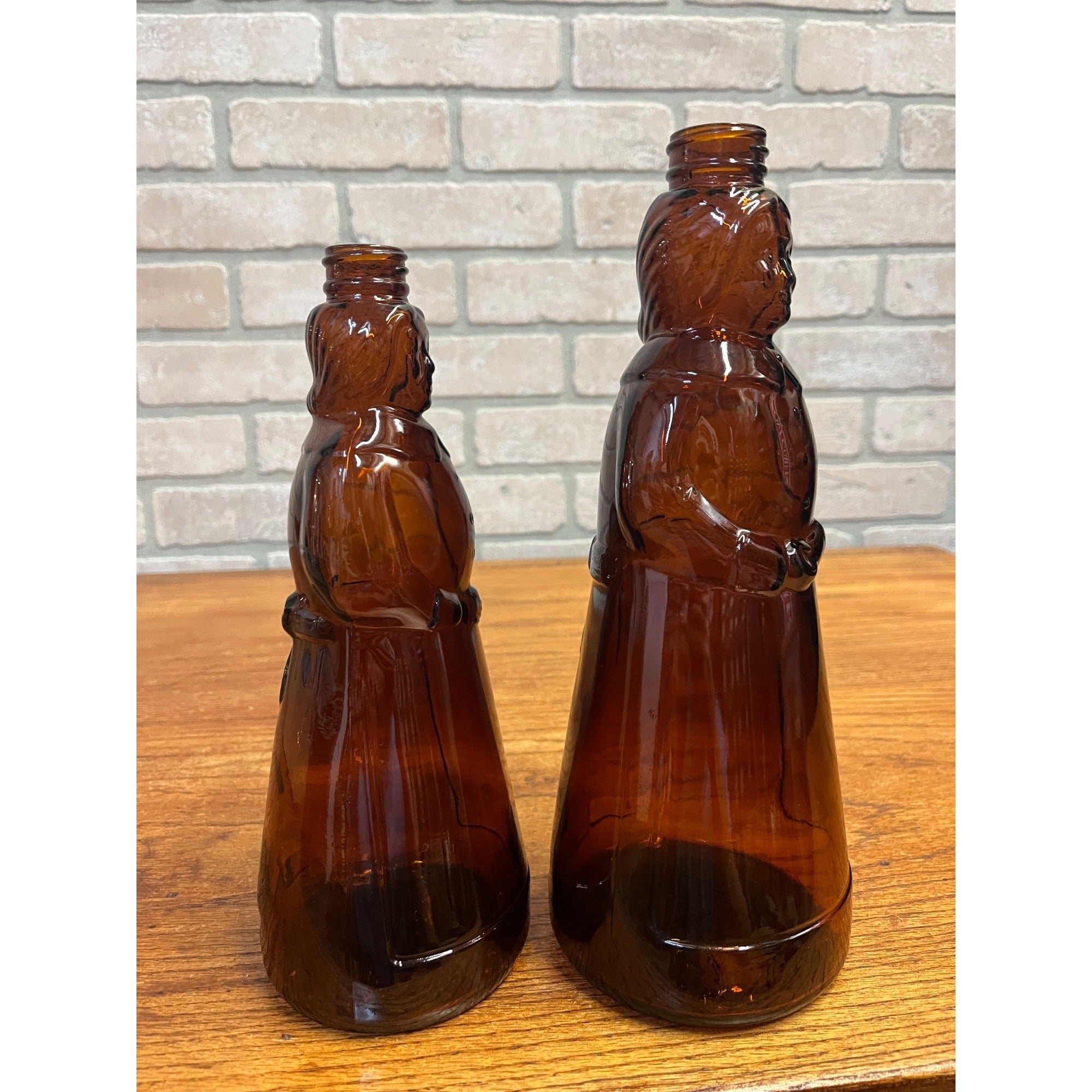 Vintage Mrs Buttersworth Maple Syrup Amber Glass Bottles Lot (2) 10" & 11"