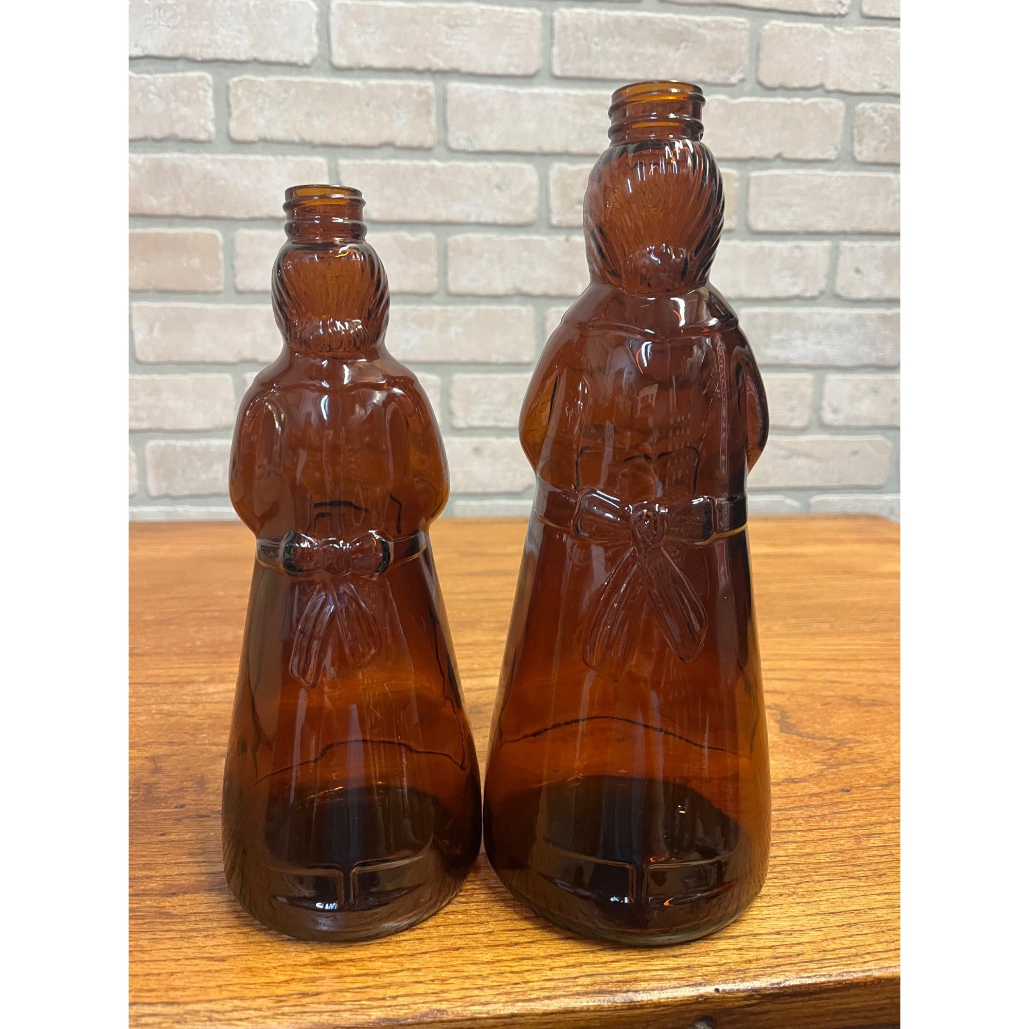 Vintage Mrs Buttersworth Maple Syrup Amber Glass Bottles Lot (2) 10" & 11"