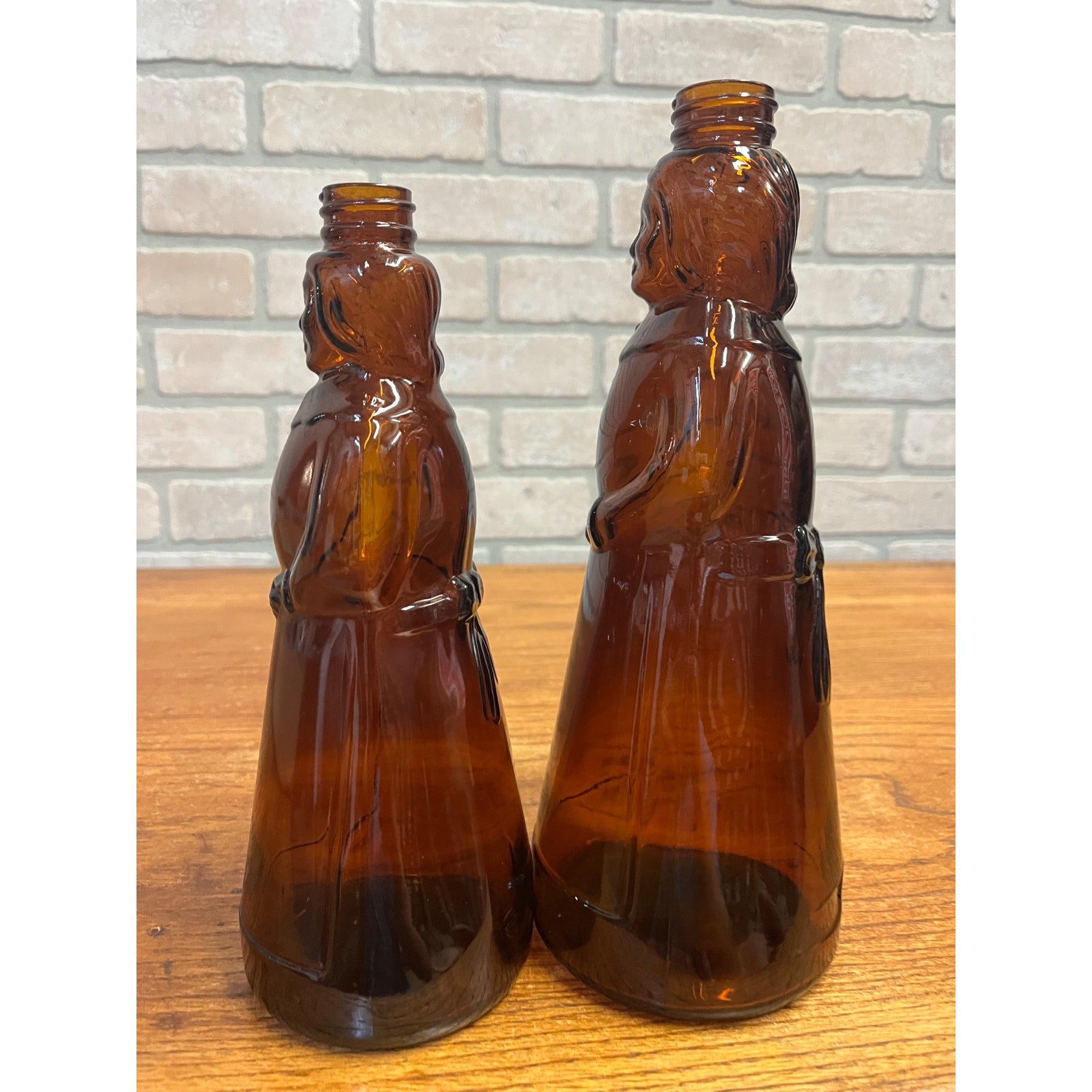 Vintage Mrs Buttersworth Maple Syrup Amber Glass Bottles Lot (2) 10" & 11"