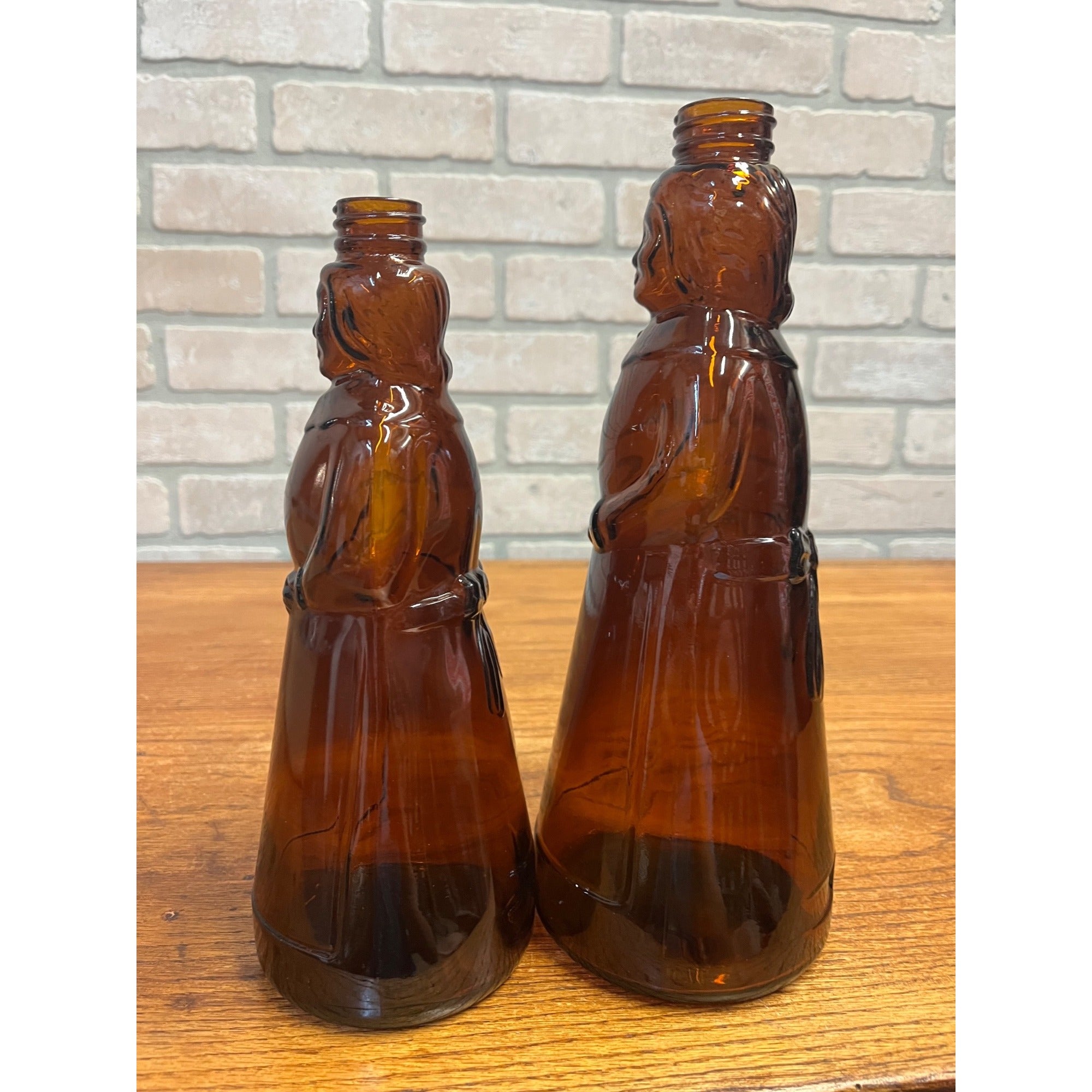 Vintage Mrs Buttersworth Maple Syrup Amber Glass Bottles Lot (2) 10" & 11"