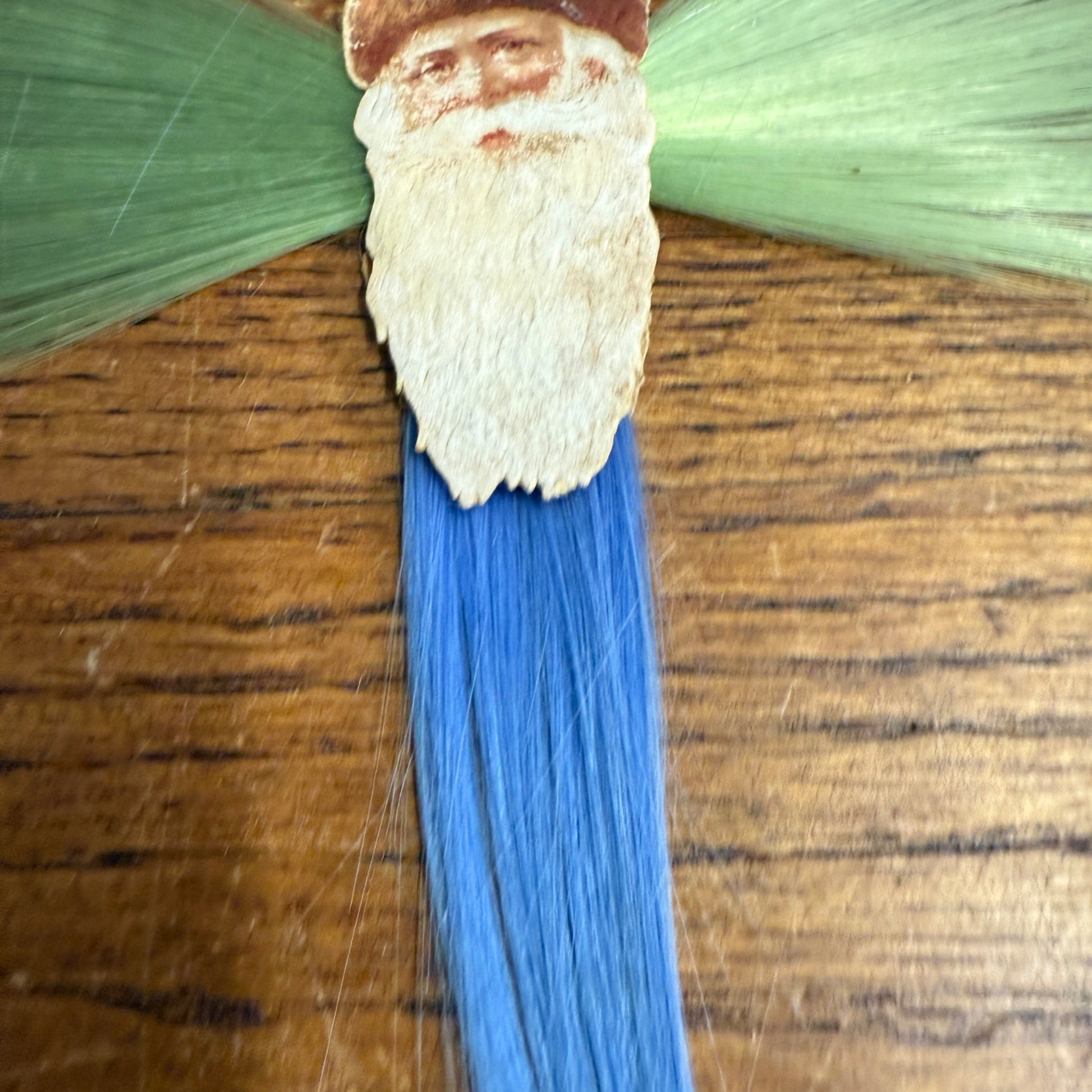 Vintage Victorian Christmas Ornament Spun Cotton Santa Blue & Green