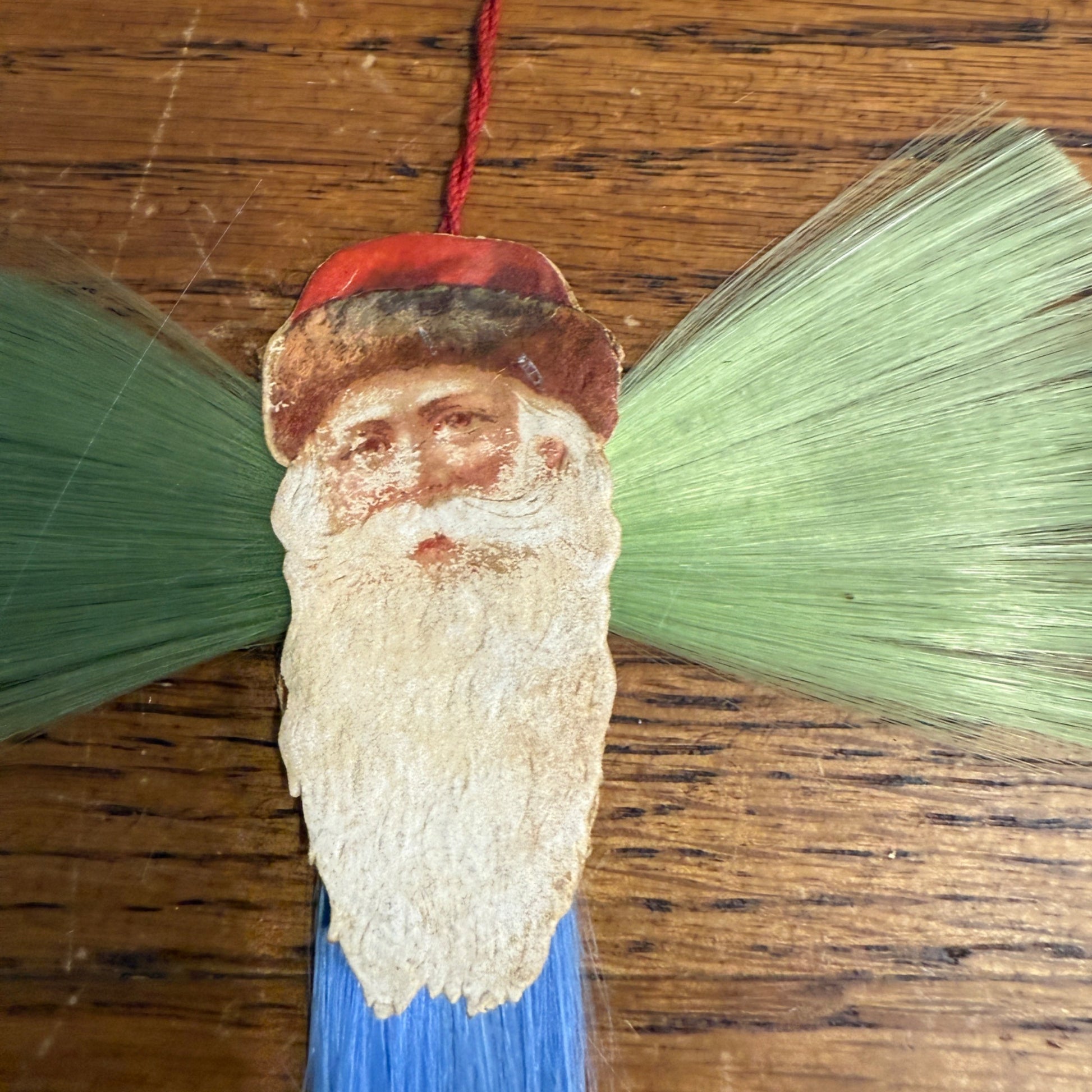 Vintage Victorian Christmas Ornament Spun Cotton Santa Blue & Green