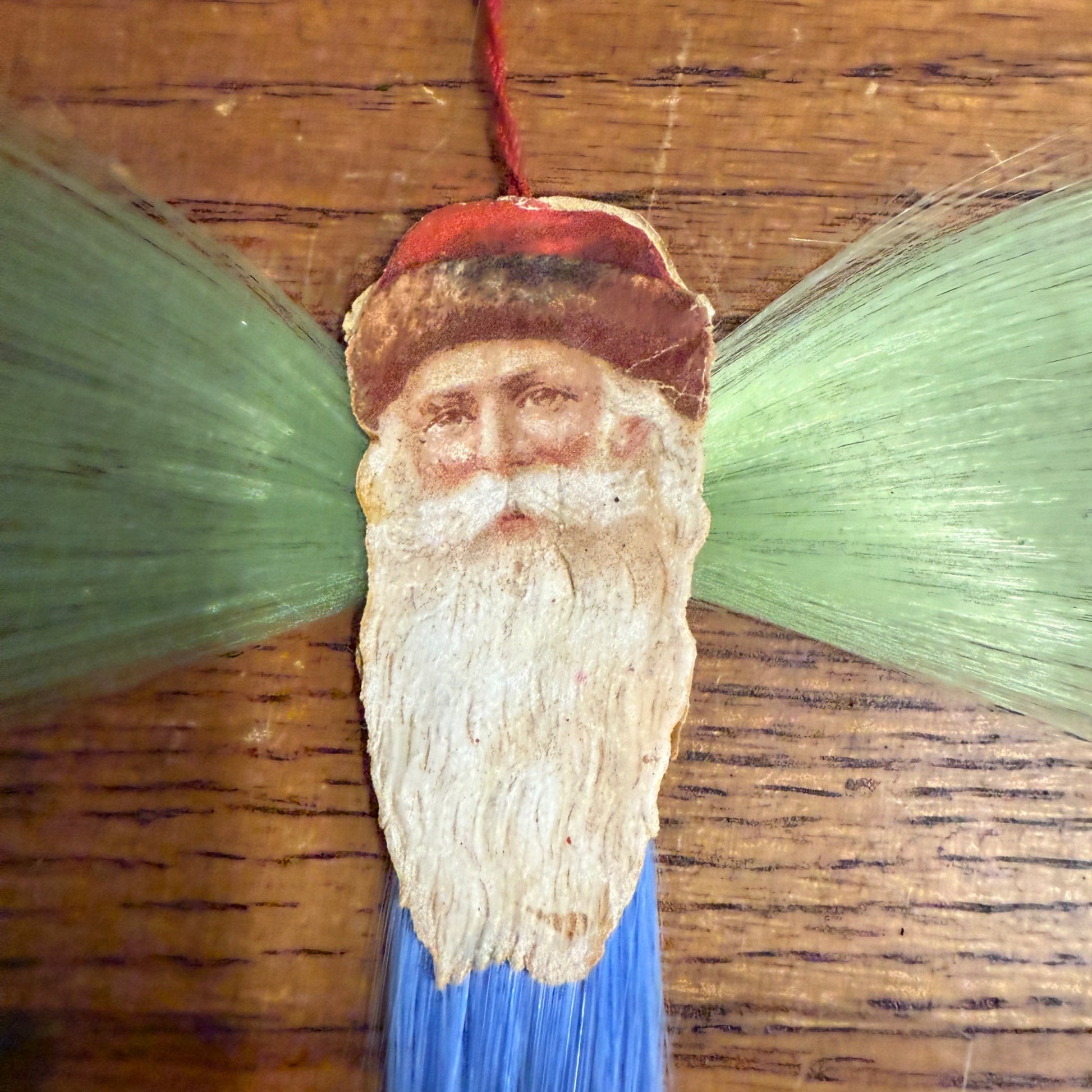 Vintage Victorian Christmas Ornament Spun Cotton Santa Blue & Green