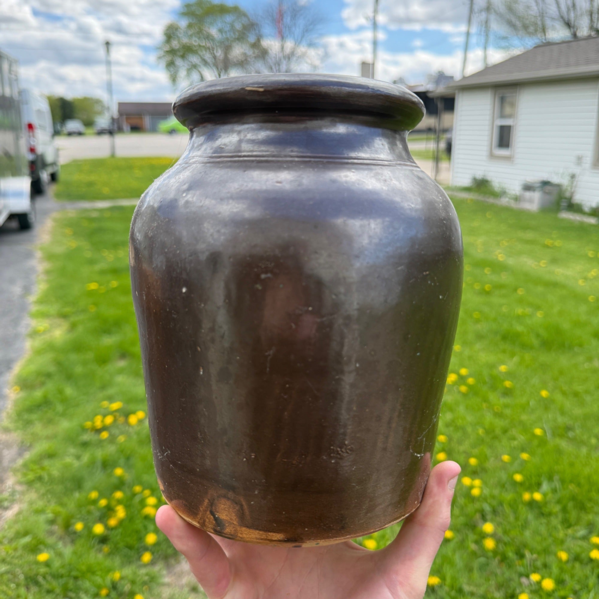 Antique Brown Glazed Stoneware Pot Jar No Lid Farmhouse Decor