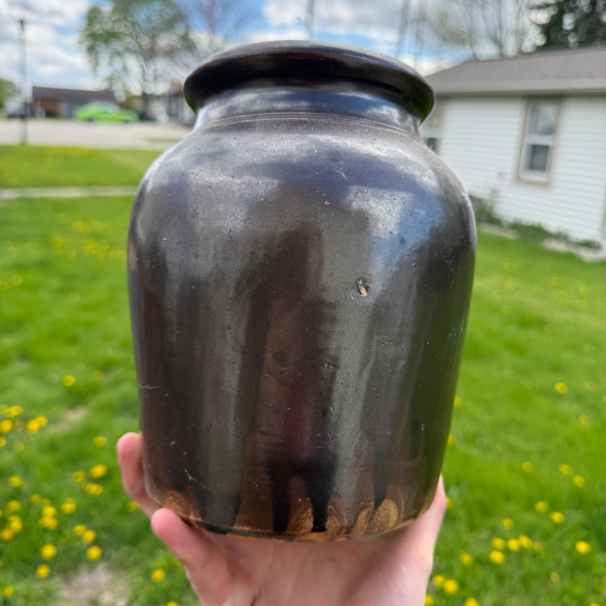 Antique Brown Glazed Stoneware Pot Jar No Lid Farmhouse Decor