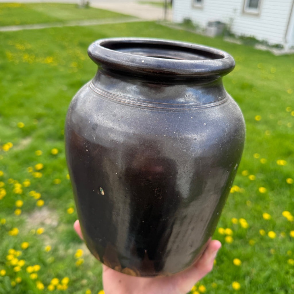 Antique Brown Glazed Stoneware Pot Jar No Lid Farmhouse Decor