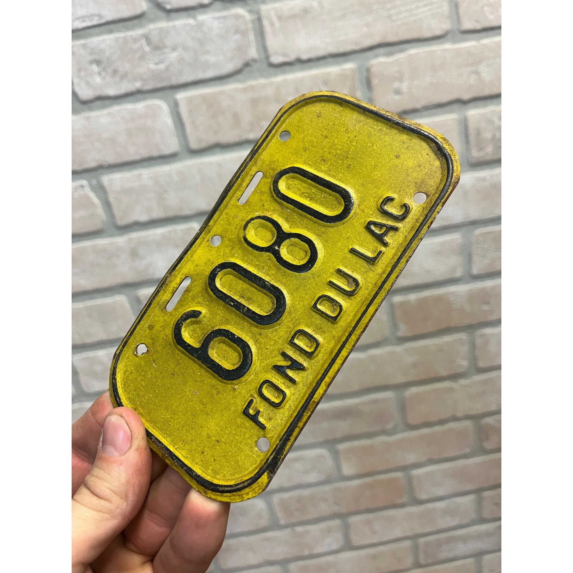 Vintage Fond du Lac Wisconsin Bicycle Bike License Plate Yellow Black #6080
