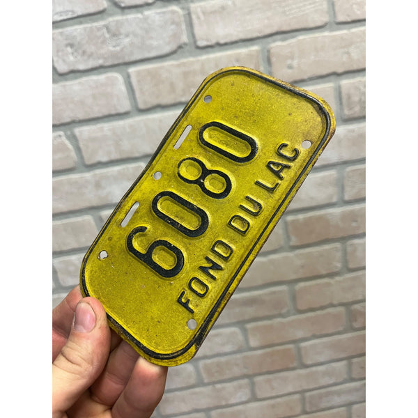 Vintage Fond du Lac Wisconsin Bicycle Bike License Plate Yellow Black #6080
