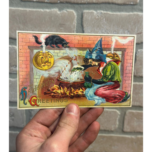 Winsch Embossed Halloween Postcard Witch Black Magic Cauldron Cat 116 Series