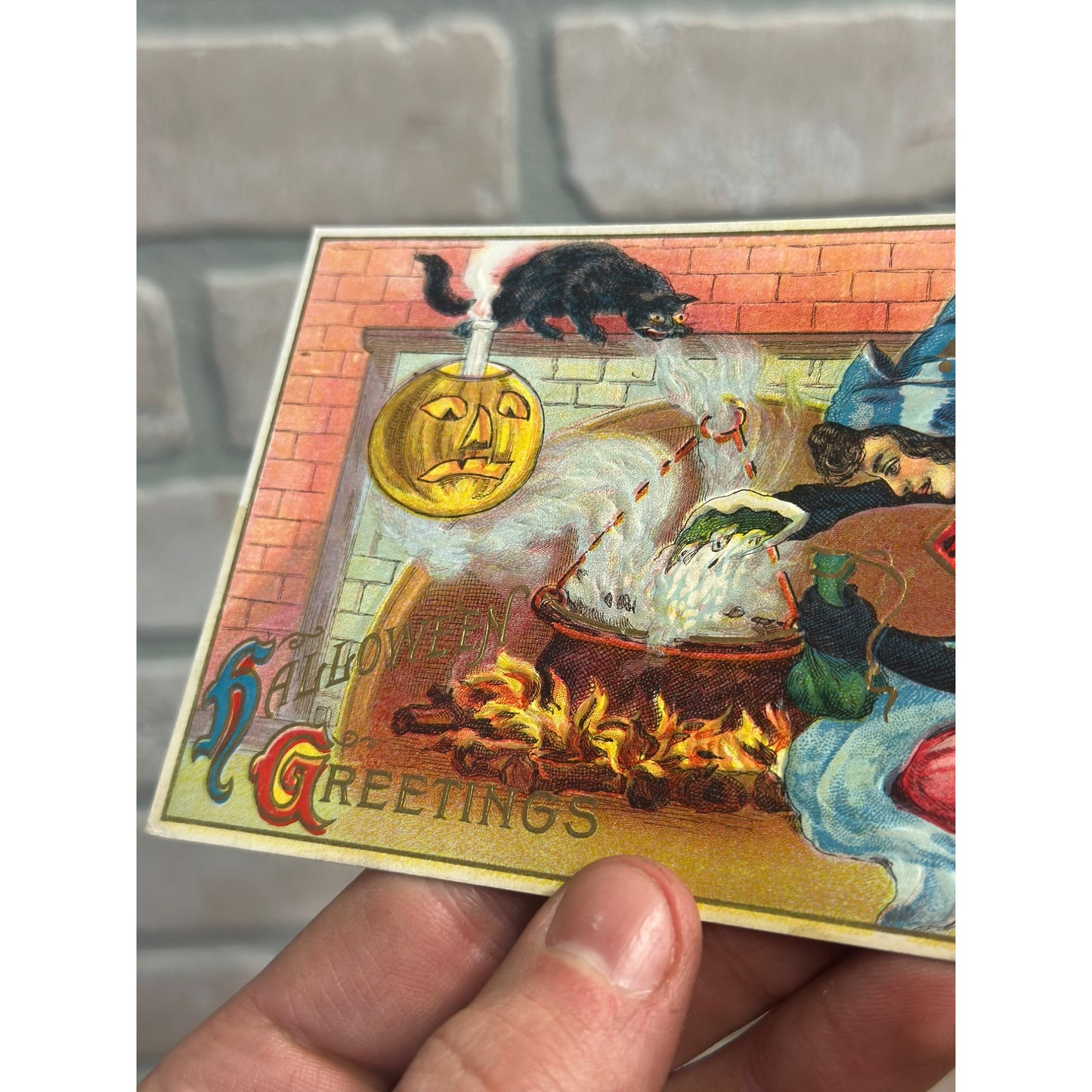 Winsch Embossed Halloween Postcard Witch Black Magic Cauldron Cat 116 Series