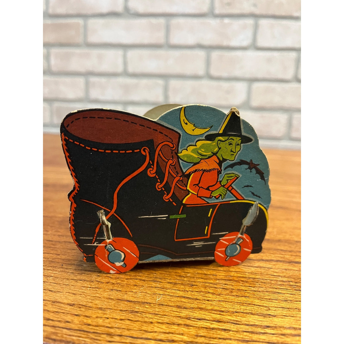 Vintage 1940s Halloween Candy Container Witch Drives Shoe RARE Diecut