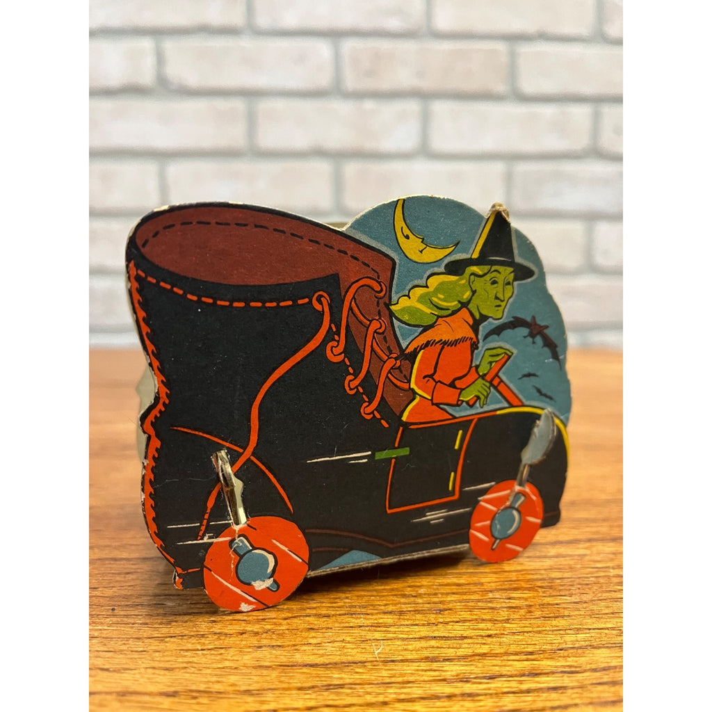 Vintage 1940s Halloween Candy Container Witch Drives Shoe RARE Diecut