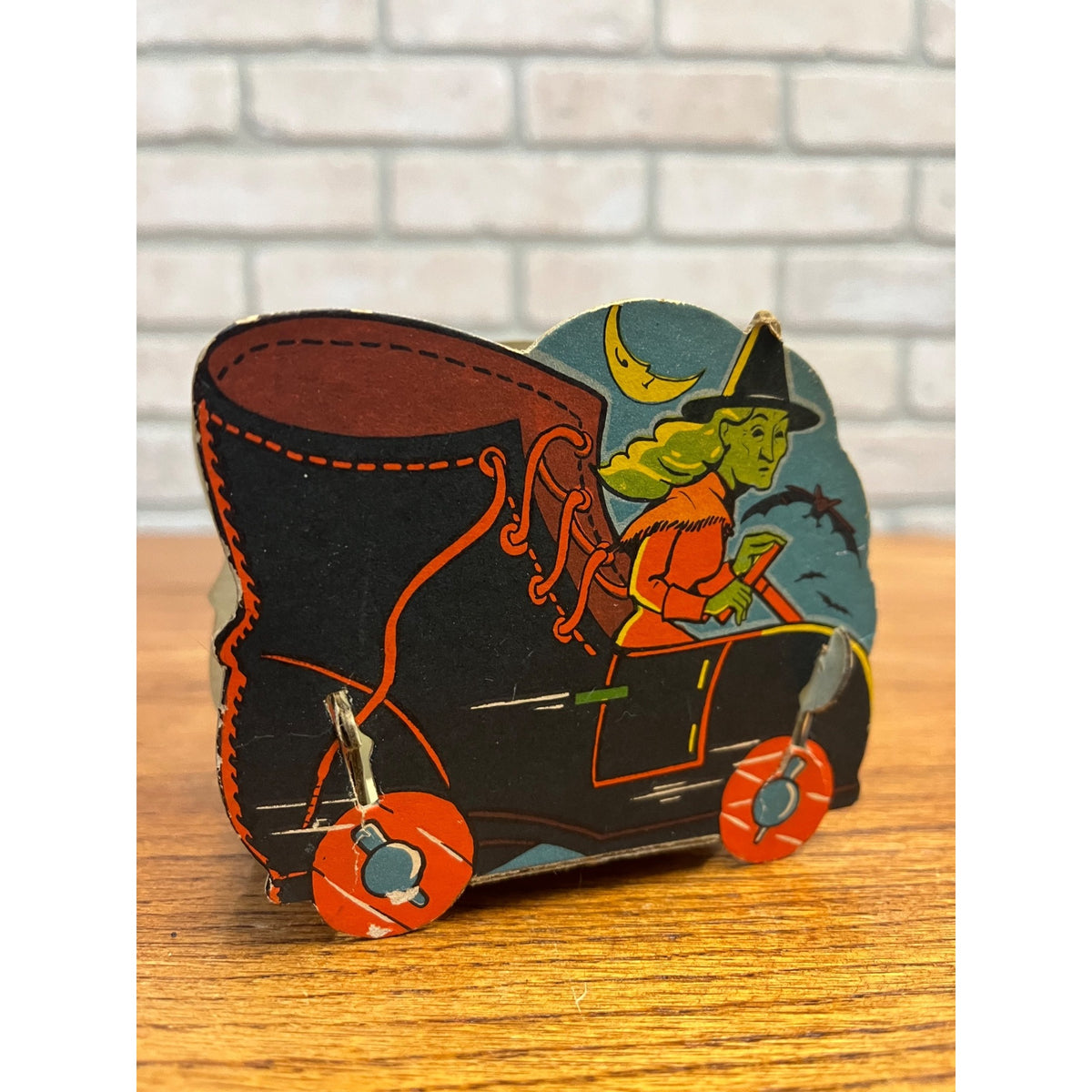 Vintage 1940s Halloween Candy Container Witch Drives Shoe RARE Diecut