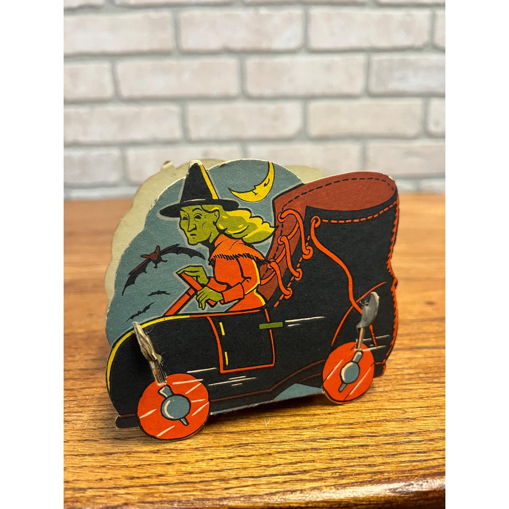 Vintage 1940s Halloween Candy Container Witch Drives Shoe RARE Diecut