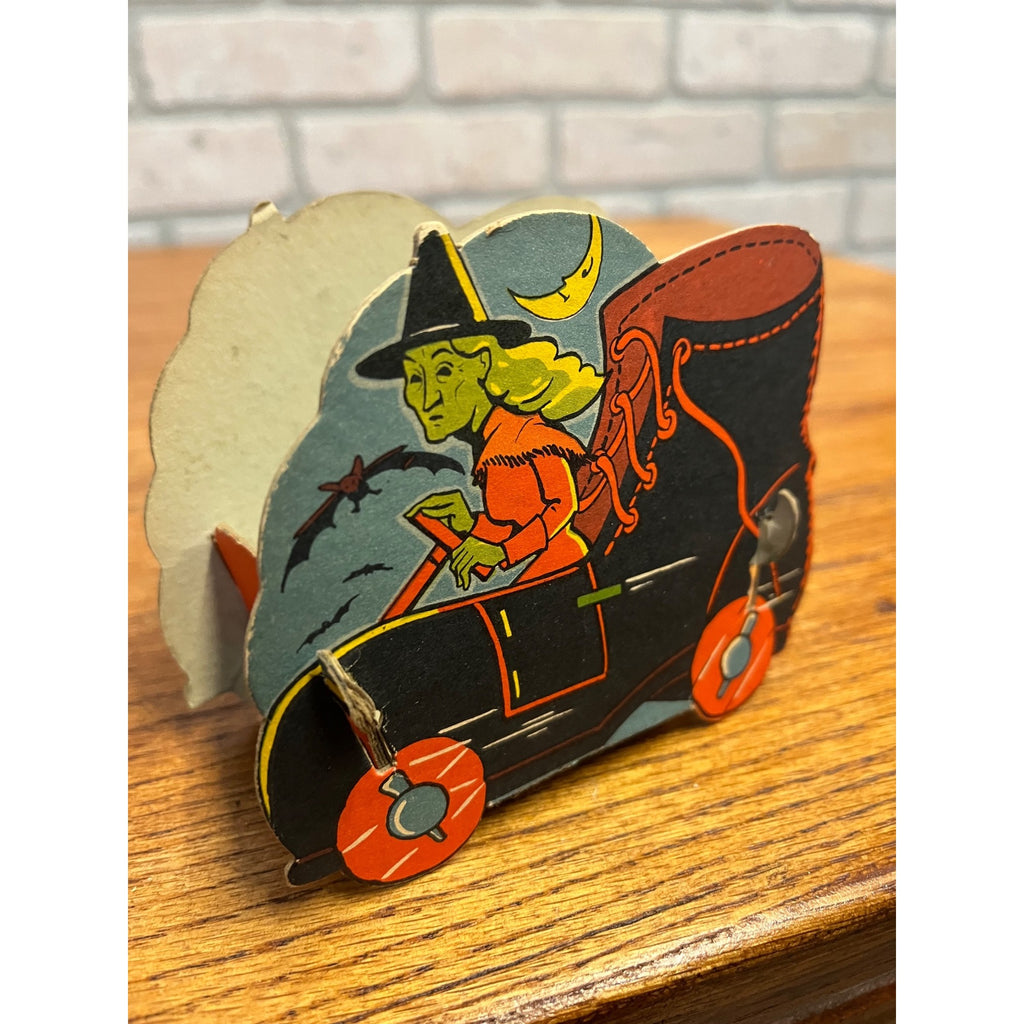 Vintage 1940s Halloween Candy Container Witch Drives Shoe RARE Diecut