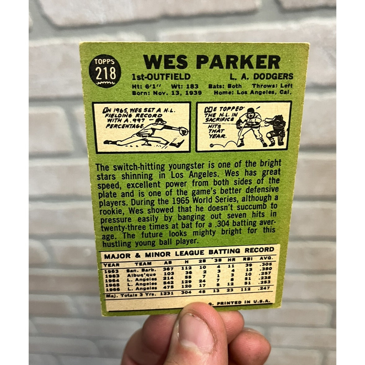 1967  TOPPS  CARD#218  WES PARKER  DODGERS  -G/VG