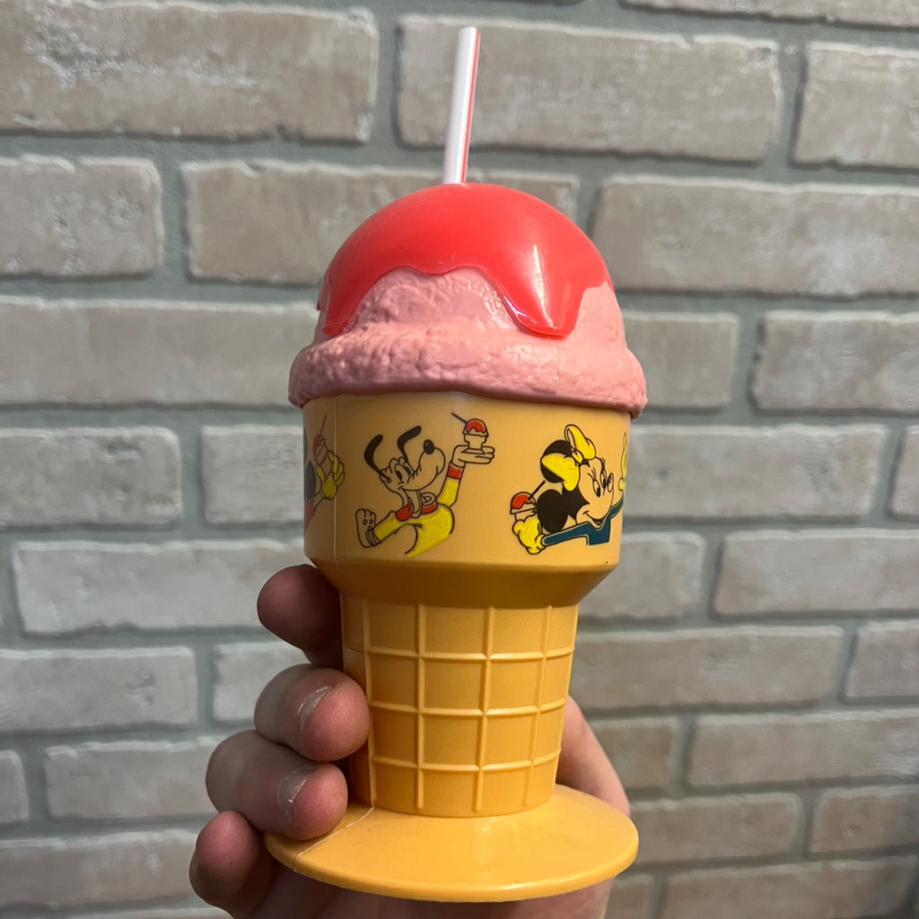 RARE Disney Vintage Ice Cream Cone Sipping Cup Strawberry Pink Mickey Mouse