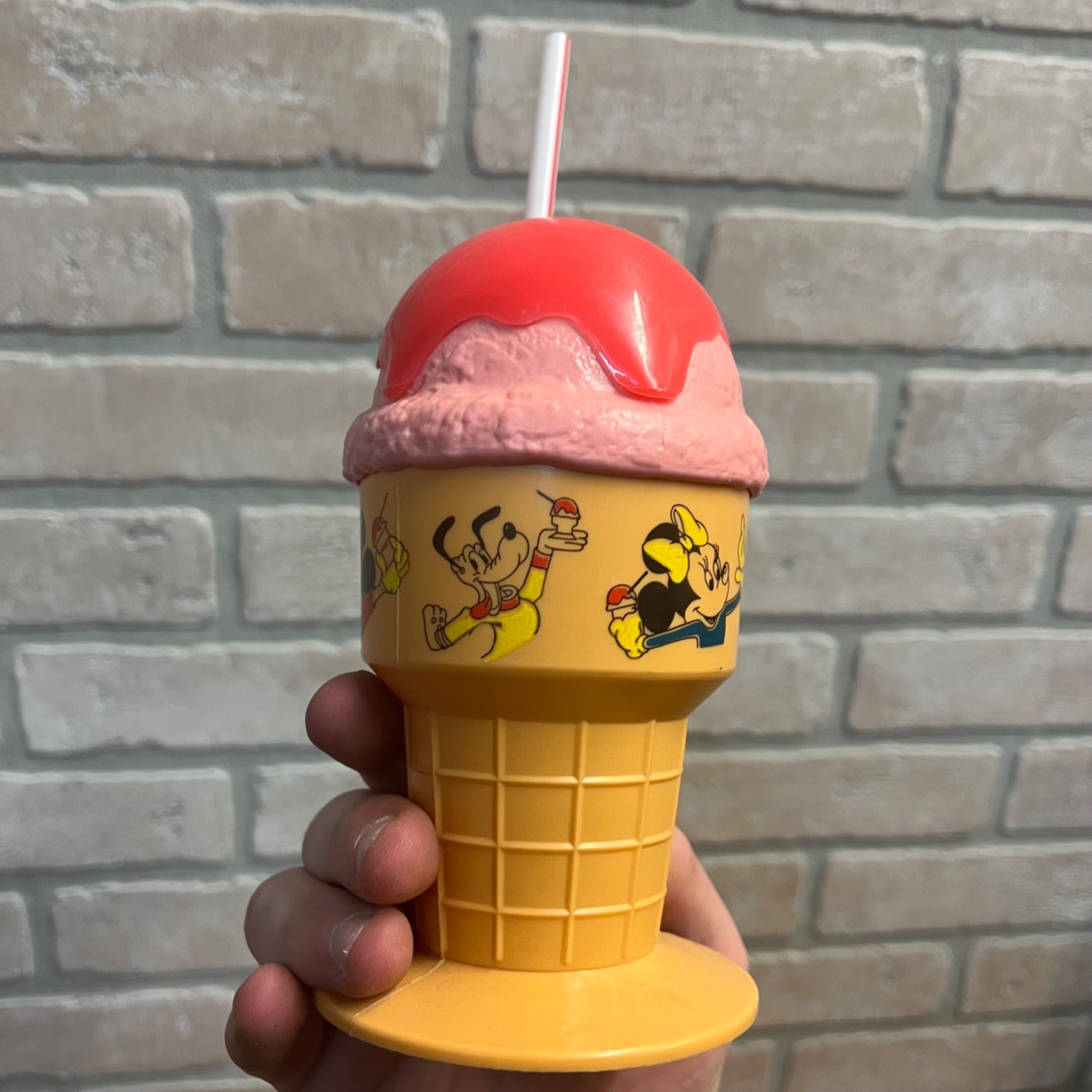 RARE Disney Vintage Ice Cream Cone Sipping Cup Strawberry Pink Mickey Mouse