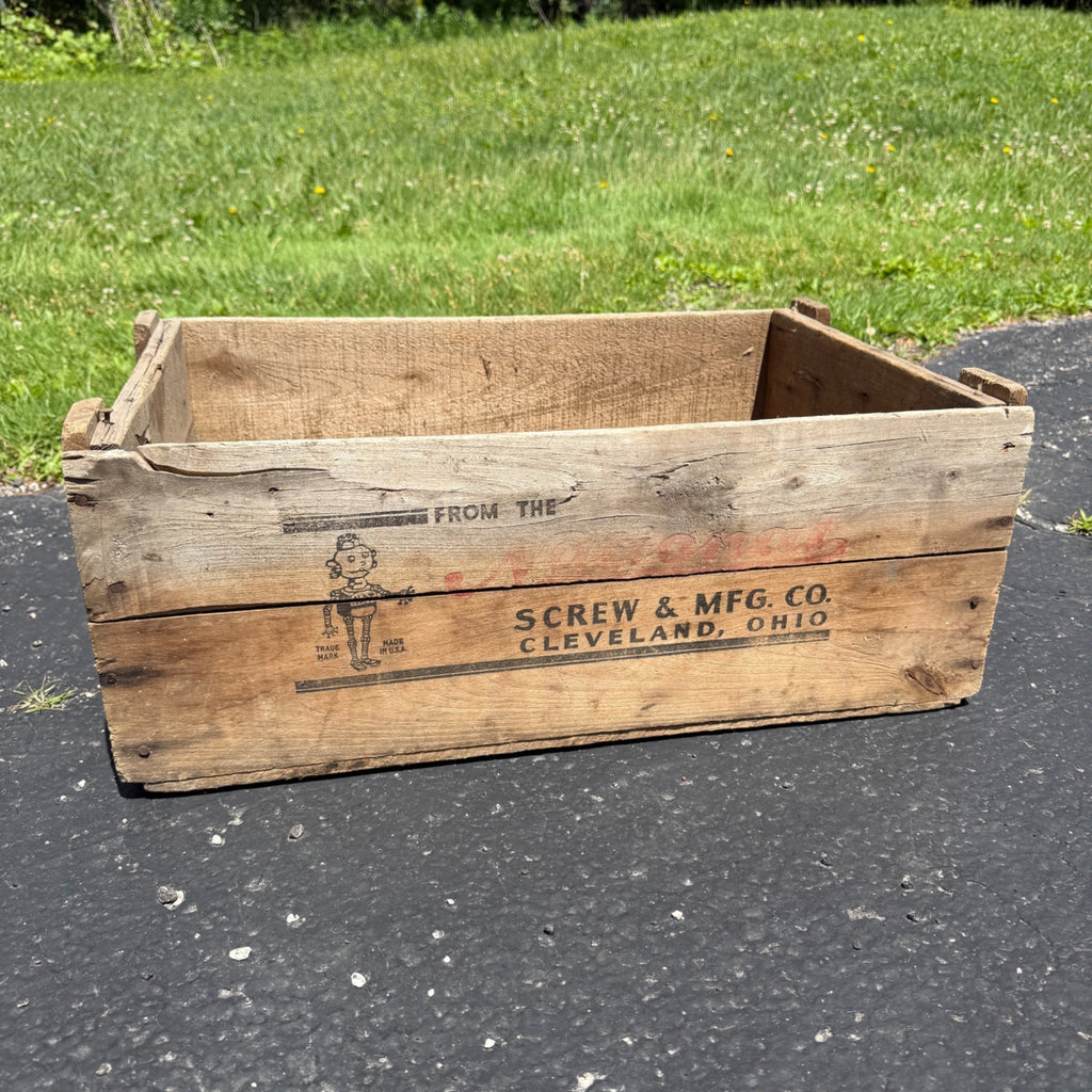 Vintage 1950s National Screw MFG Co Ohio Wooden Industrial Crate Box