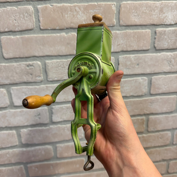 Vintage Triumph Green Cast Iron Hand-Crank Nut Grinder With Clamp & Wood Knob 1930s