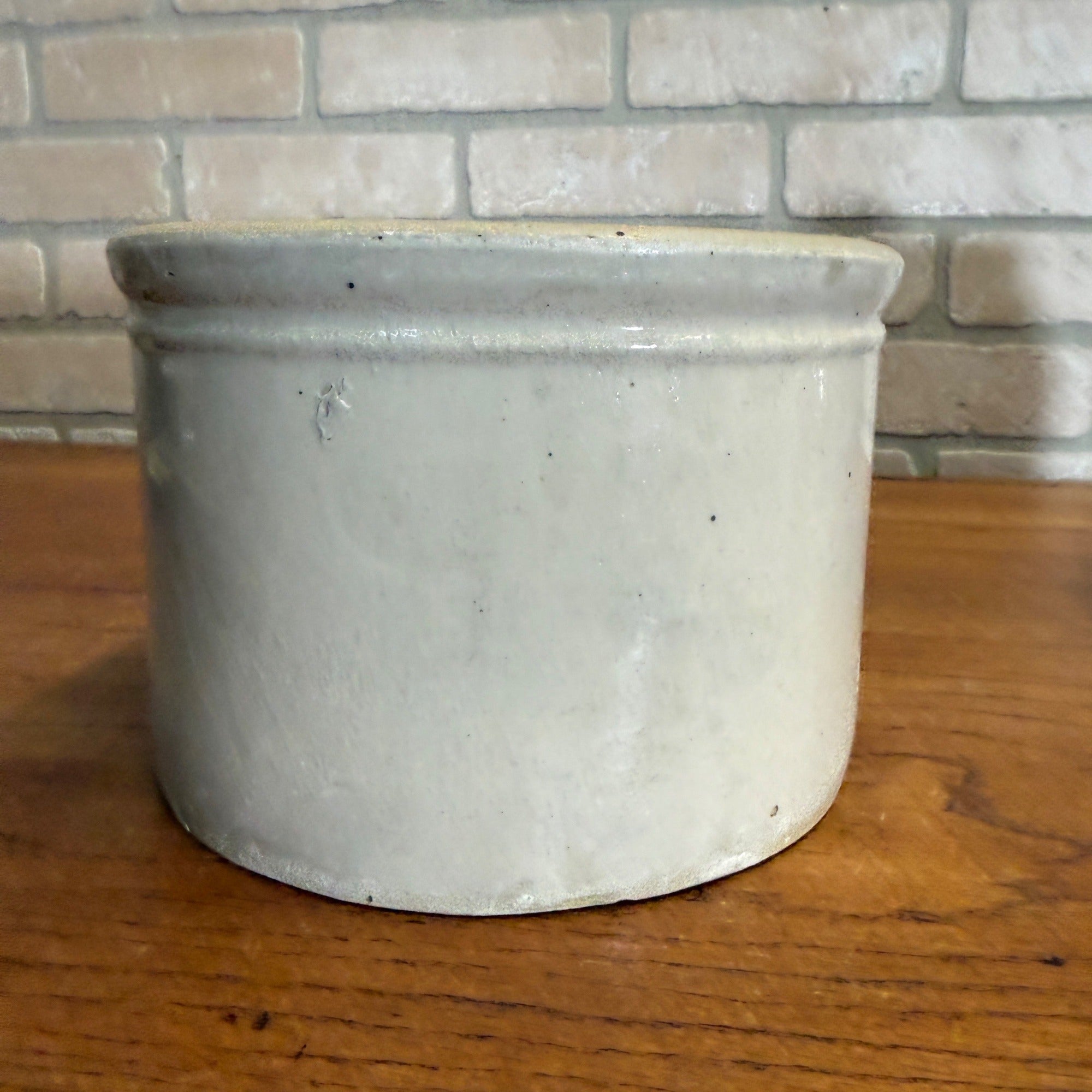 Vintage White Stoneware Glazed Butter Kitchen Crock 7" Dia x 5" Tall Primitive Decor