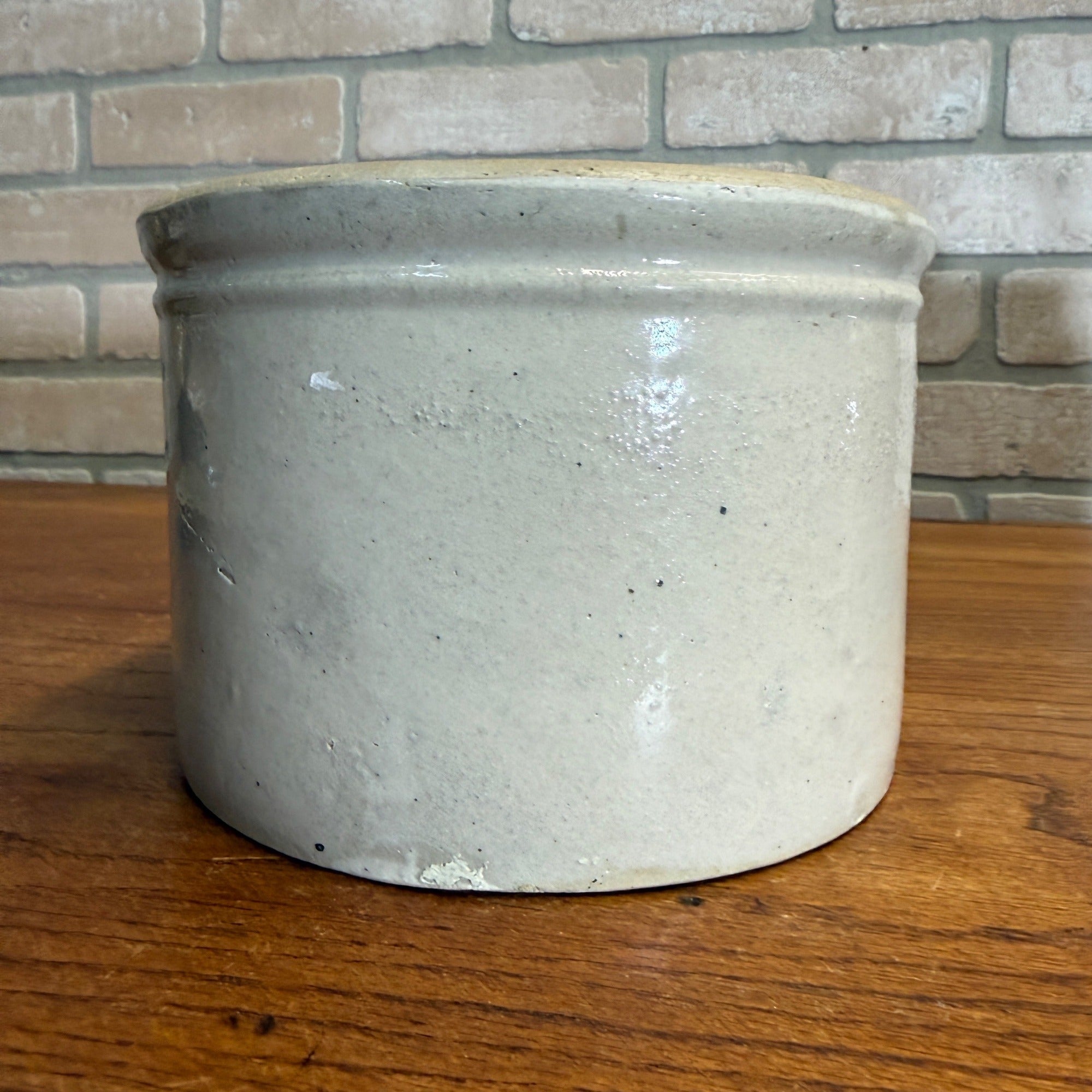 Vintage White Stoneware Glazed Butter Kitchen Crock 7" Dia x 5" Tall Primitive Decor