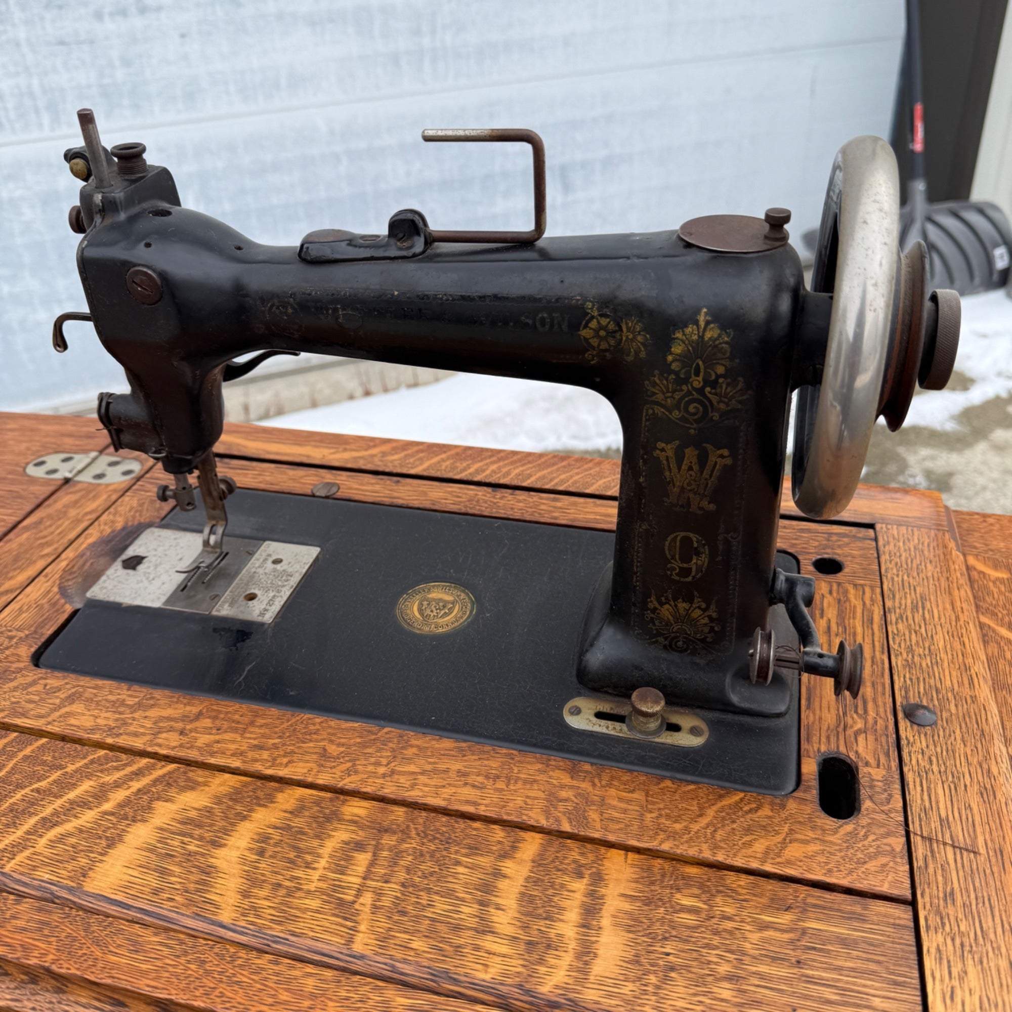 Antique White Sewing Machine Co Cabinet w/ Cast Iron Base Excellent