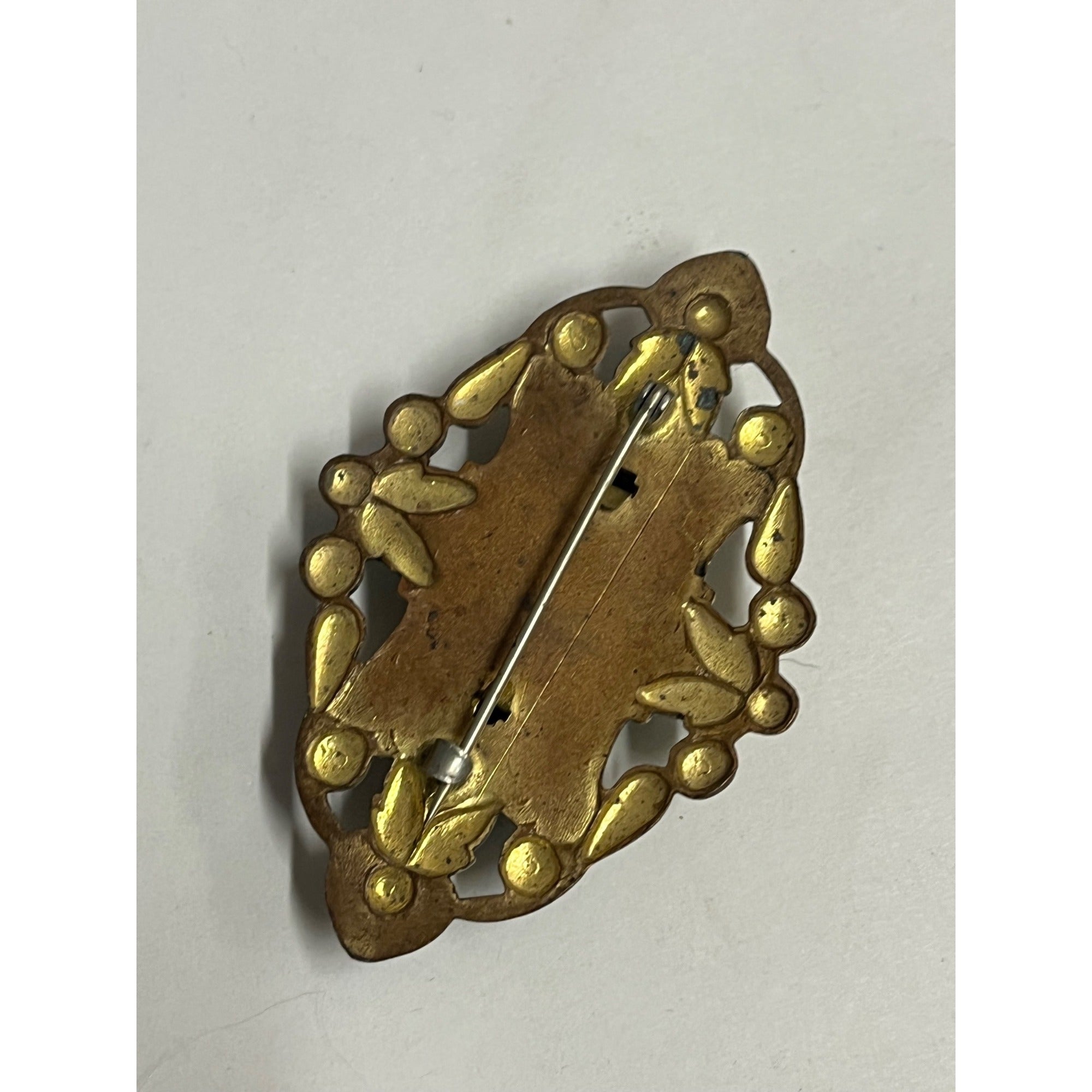 Vintage Art Deco Taupe Oval Cab w Yellow Blue & Green Enamel