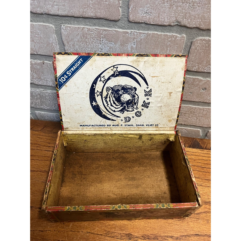 Vintage D.O.K.K. Tiger Moon Cigars Wooden Cigar Box Milwaukee Wisconsin Wis WI