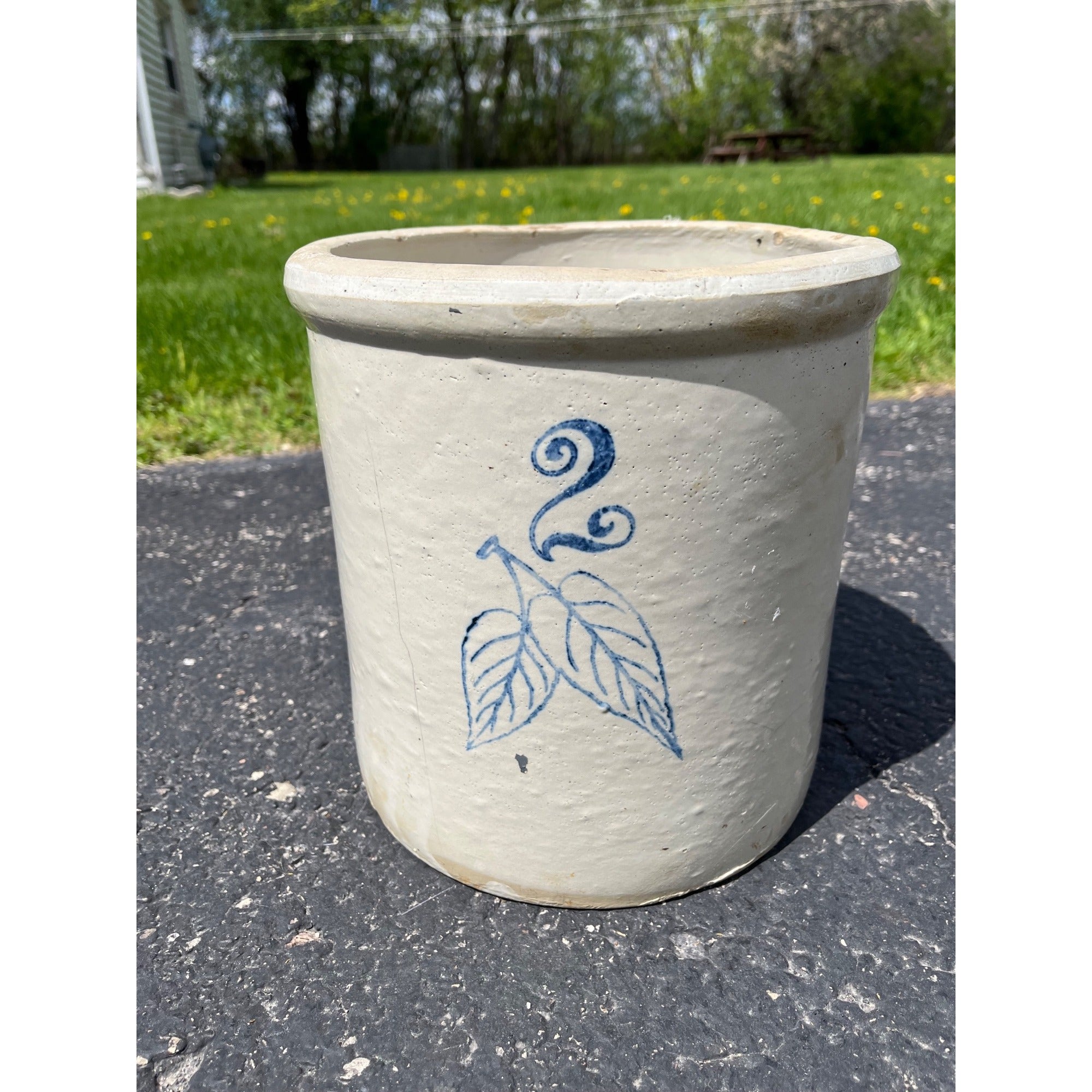 Antique circa 1896-1906 2 Gallon Red Wing Stoneware Crock Blue Cobalt Birch Leaf
