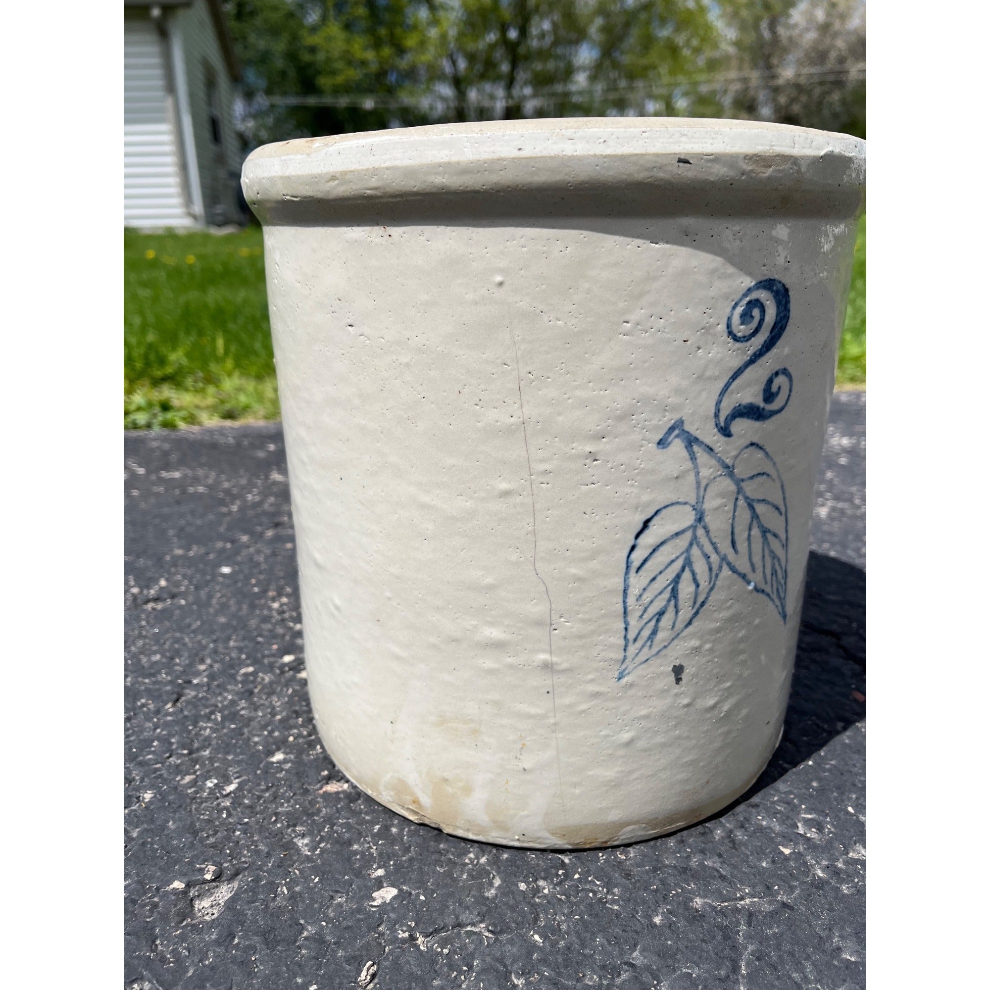 Antique circa 1896-1906 2 Gallon Red Wing Stoneware Crock Blue Cobalt Birch Leaf